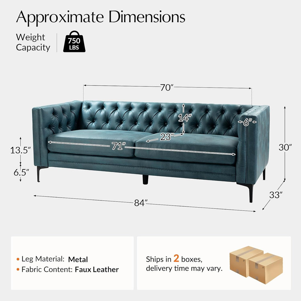 HULALA HOME 84' W Faux Leather Sofa, Mid Century Modern Couch with Metal Legs and Button Tufted, 3 Seater Contemporary Upholstered Couches for Living Room, Entertainment Area, Apartment, Blue