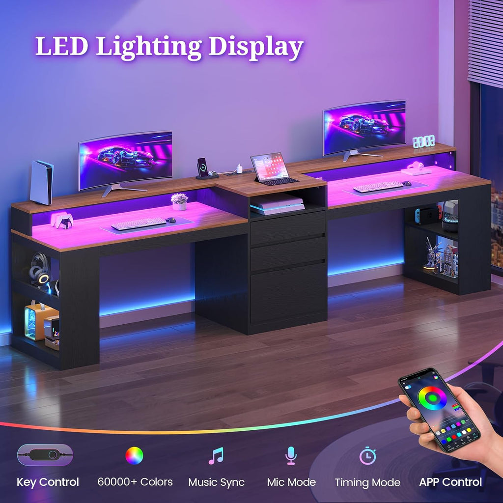 96.6' Long Computer Desk, 2 Person Desk with LED Lights & Power Outlet, Modern Two Person Gaming Desk with File Drawers, Monitor Stand, Printer Shelf ＆ Storage, Double Table for Home Office Black