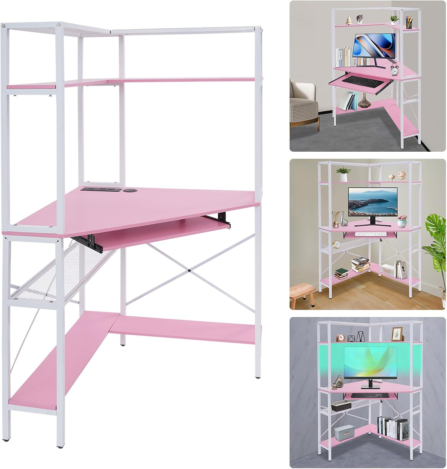 Corner Small Desk for Small Space, 29.5'*29.5'*60' Corner Computer Desk with USB Ports Triangle Gaming Desk with with RGB LED Lighting for Home Office, Living Room, Bedroom (Pink)