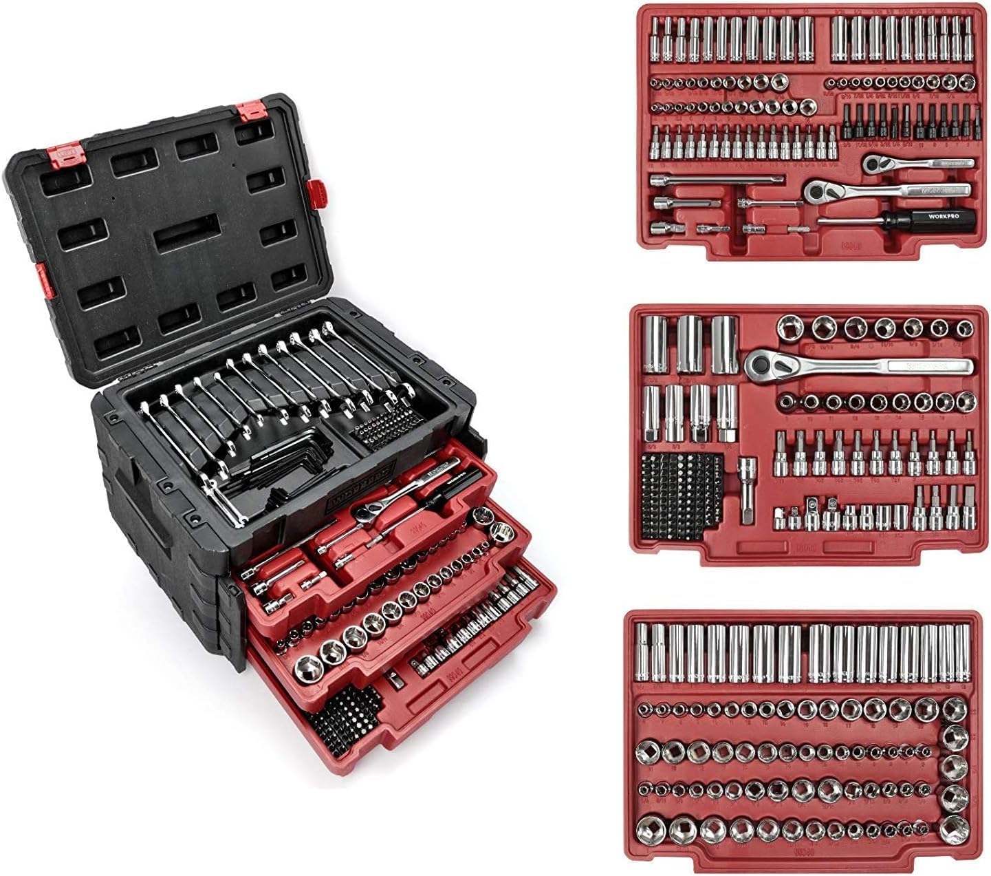 WORKPRO 450-Piece Drive Socket Set 1/2' 1/4' 3/8', CR-V Metric and Imperial with Quick-Release Ratchet Wrench, Spanners, Bits Set, Mechanics Tool for Car Repair