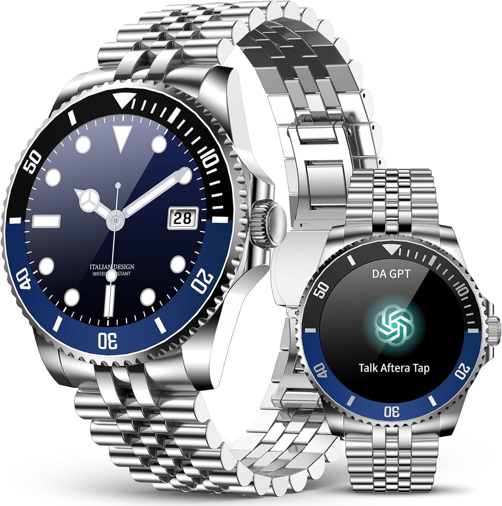 SOUYIE 2025 DA GPT Smart Watch for Men, Heart Rate, Blood Pressure, Blood Oxygen, Sleep Monitor, 107 Sports Modes, 1.19-inch AMOLED Display, Waterproof Round Watch, Compatible Android iOS Silver Blue
