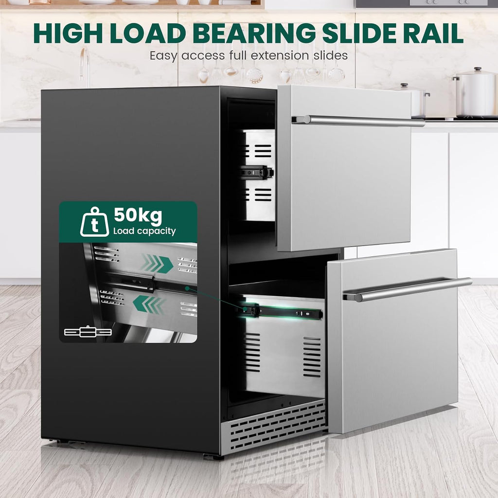 24 Inch Outdoor Drawer Refrigerator, Stainless Steel Door Under Counter Drawer Fridge Freestanding or Built-in, Beverage Cooler Refrigerator for Home Kitchen Commercial,Fast Cool,Low Noise