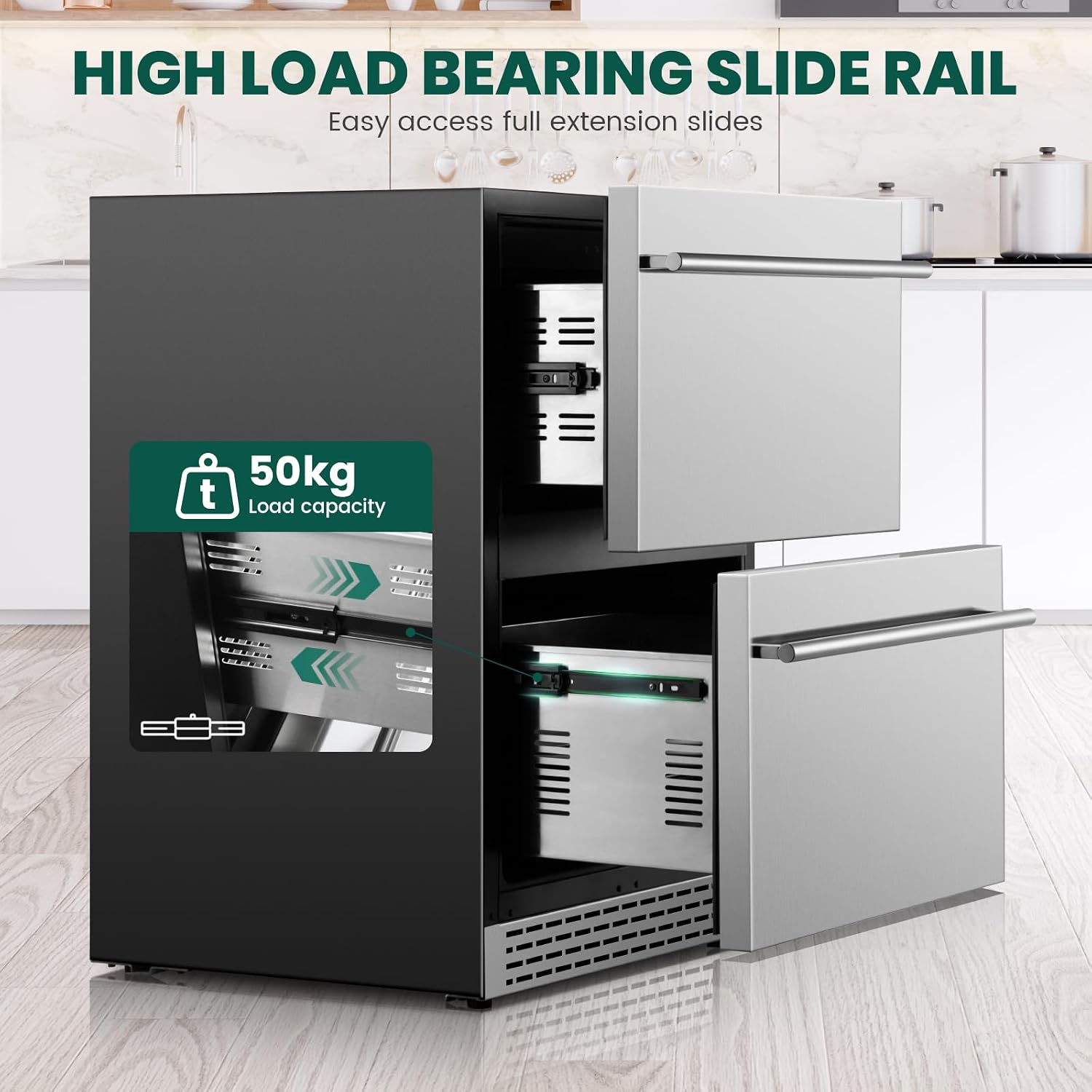 24 Inch Outdoor Drawer Refrigerator, Stainless Steel Door Under Counter Drawer Fridge Freestanding or Built-in, Beverage Cooler Refrigerator for Home Kitchen Commercial,Fast Cool,Low Noise