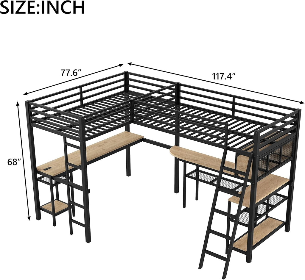 L-Shaped Loft Bed Twin Size with 2 Built-in Desks and Storage Shelves, Metal Gaming Loft Bed with LED and Charging Station for 2 Kids Teens Boys Girls