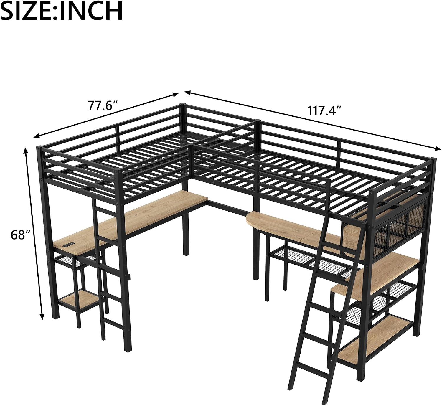 L-Shaped Loft Bed Twin Size with 2 Built-in Desks and Storage Shelves, Metal Gaming Loft Bed with LED and Charging Station for 2 Kids Teens Boys Girls