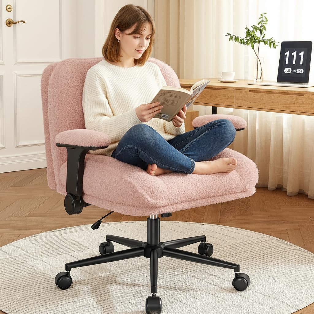 DurayLoly Criss Cross Chair with Wheels,Flip Up Arms,Wide Seat,Teddy Fleece,Adjustable Height,Cross Legged Desk Chair for Bedroom, Dorm,Home Office,Pink