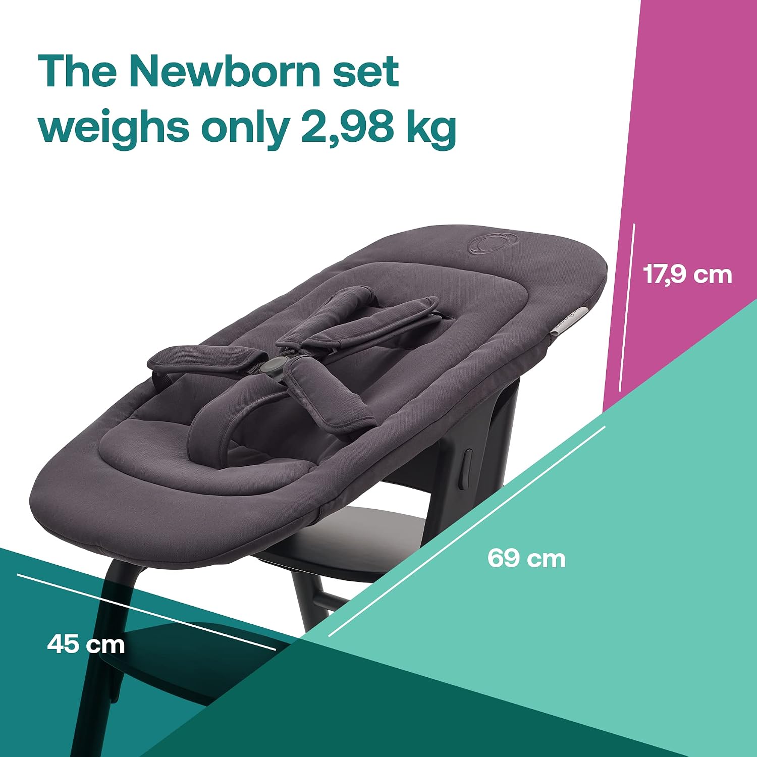 Bugaboo Giraffe Newborn Set – Padded Infant Seat Insert with 5-Point Harness – Ergonomic Baby Lounger Attachment for Giraffe High Chair & Rocker Frame – Birth to 6 Months - Tornado Grey