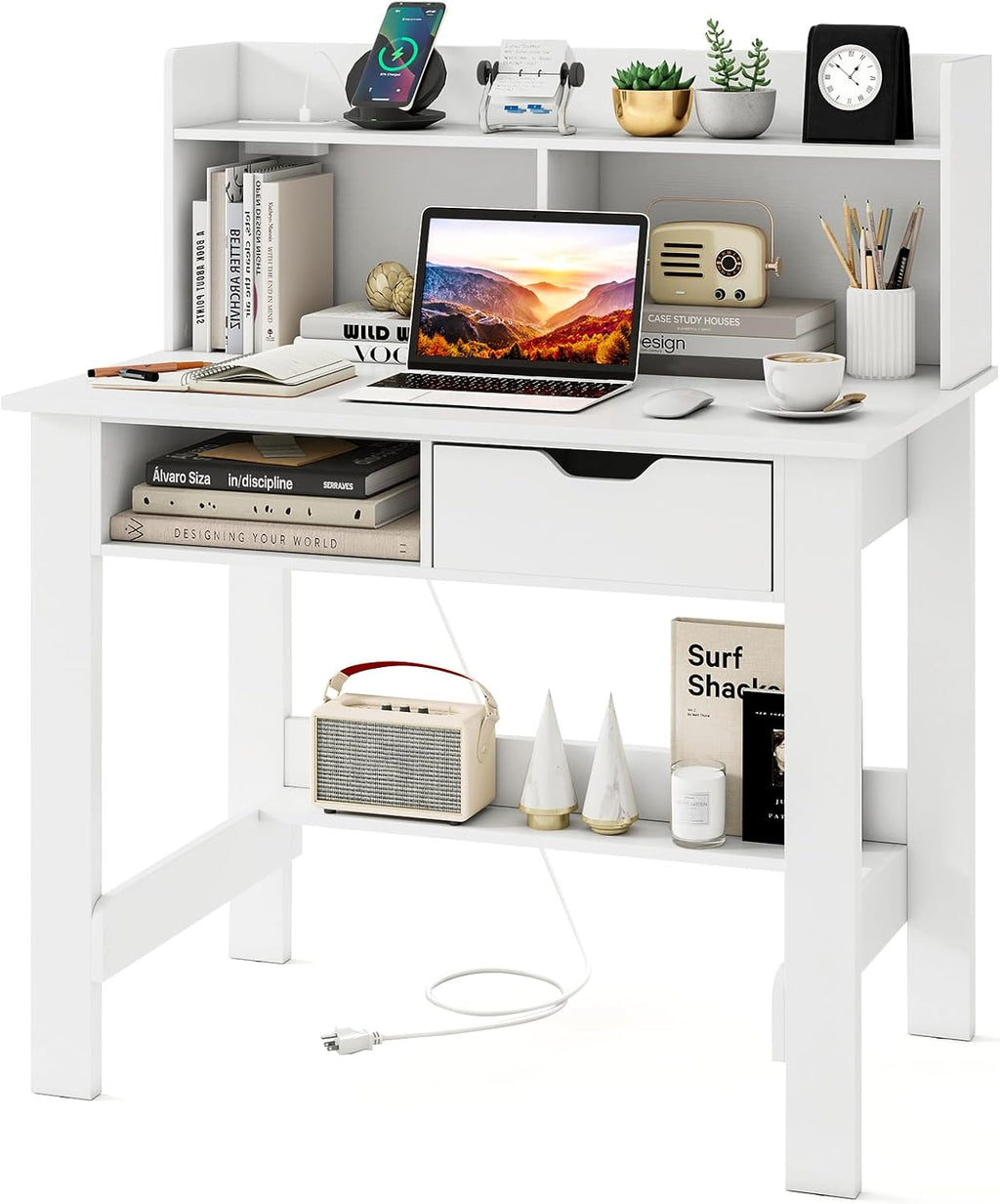 Tangkula White Desk with Hutch & Drawer, Modern Computer Desk with Charging Station USB & Type C Port, Cable Hole, Home Office Desk with Storage Shelves for Study Room Bedroom