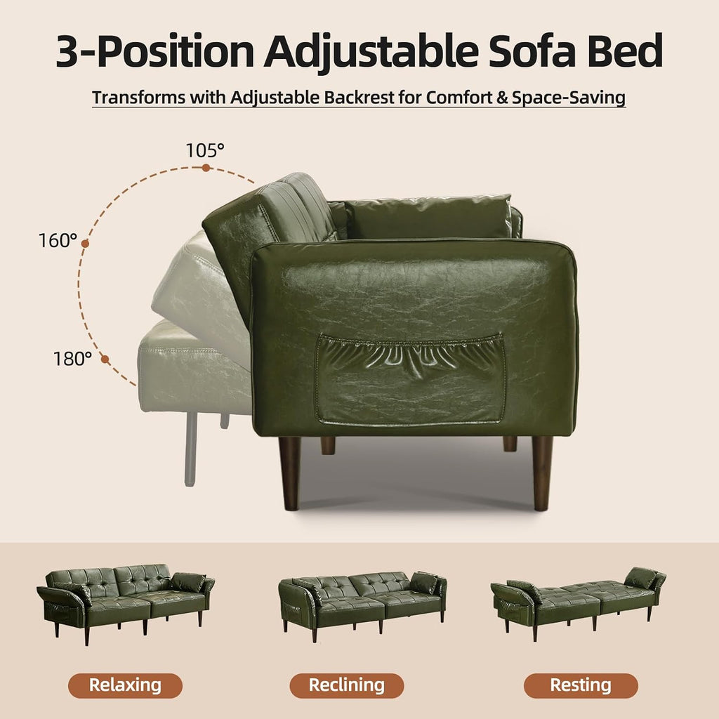 HALLYBEE Futon Sofa Bed, Sleeper Sofa, Small Couch with Storage Adjustable Armrests Pillows, Faux Leather Loveseat, Mid Century Modern Couches for Living Room, Bedroom, Apartment, Olive Green