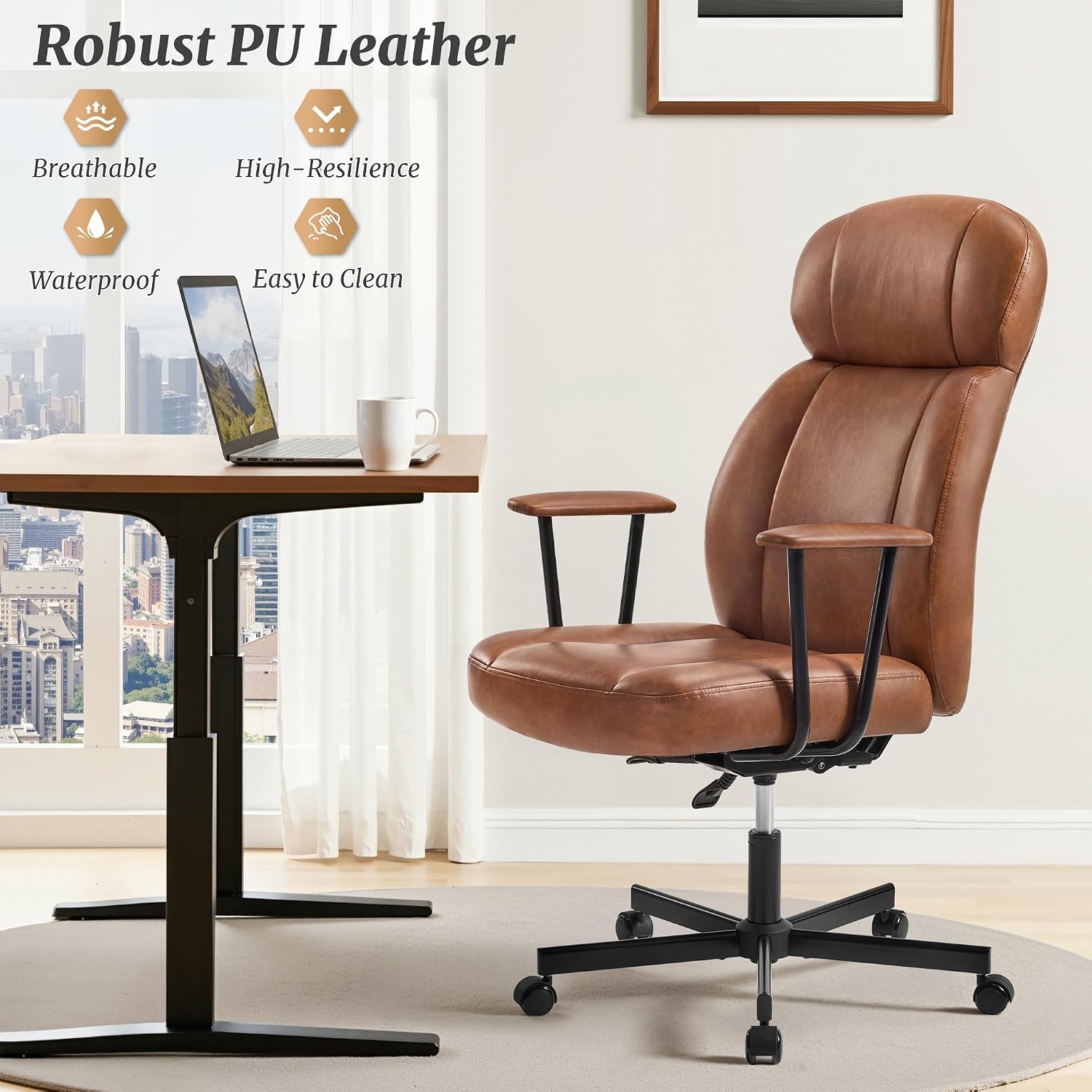 Cozyman Ergonomic PU Leather Home Office Chair, High Back Executive Desk Chair with 5-Layer Cushion, 95-135° Reclining Back, Lumbar Support, Adjustable Height, 360° Swivel for Home Office Task, Brown