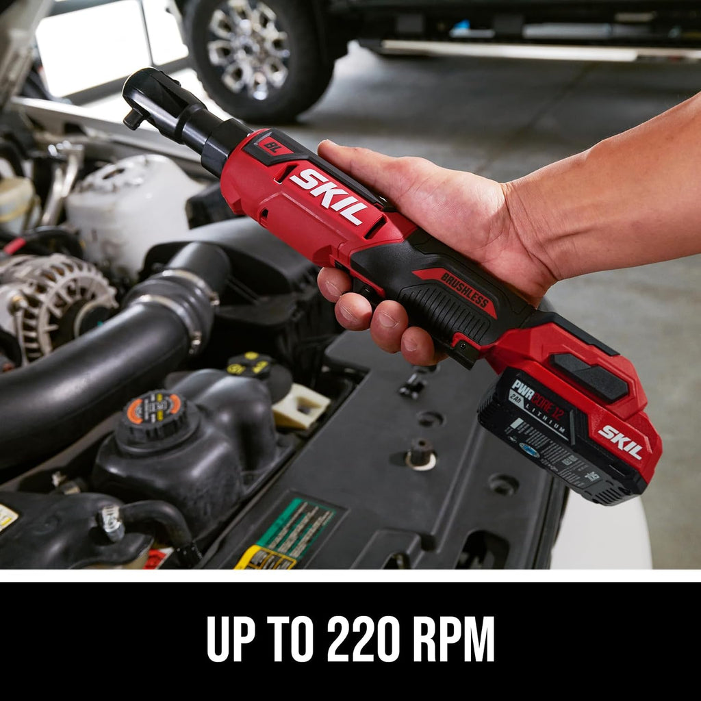 SKIL PWR CORE 12 Brushless 12V 3/8-Inch Ratchet Wrench Kit, Includes 2.0Ah USB-C Battery and 20W Charger - RW5763A-11