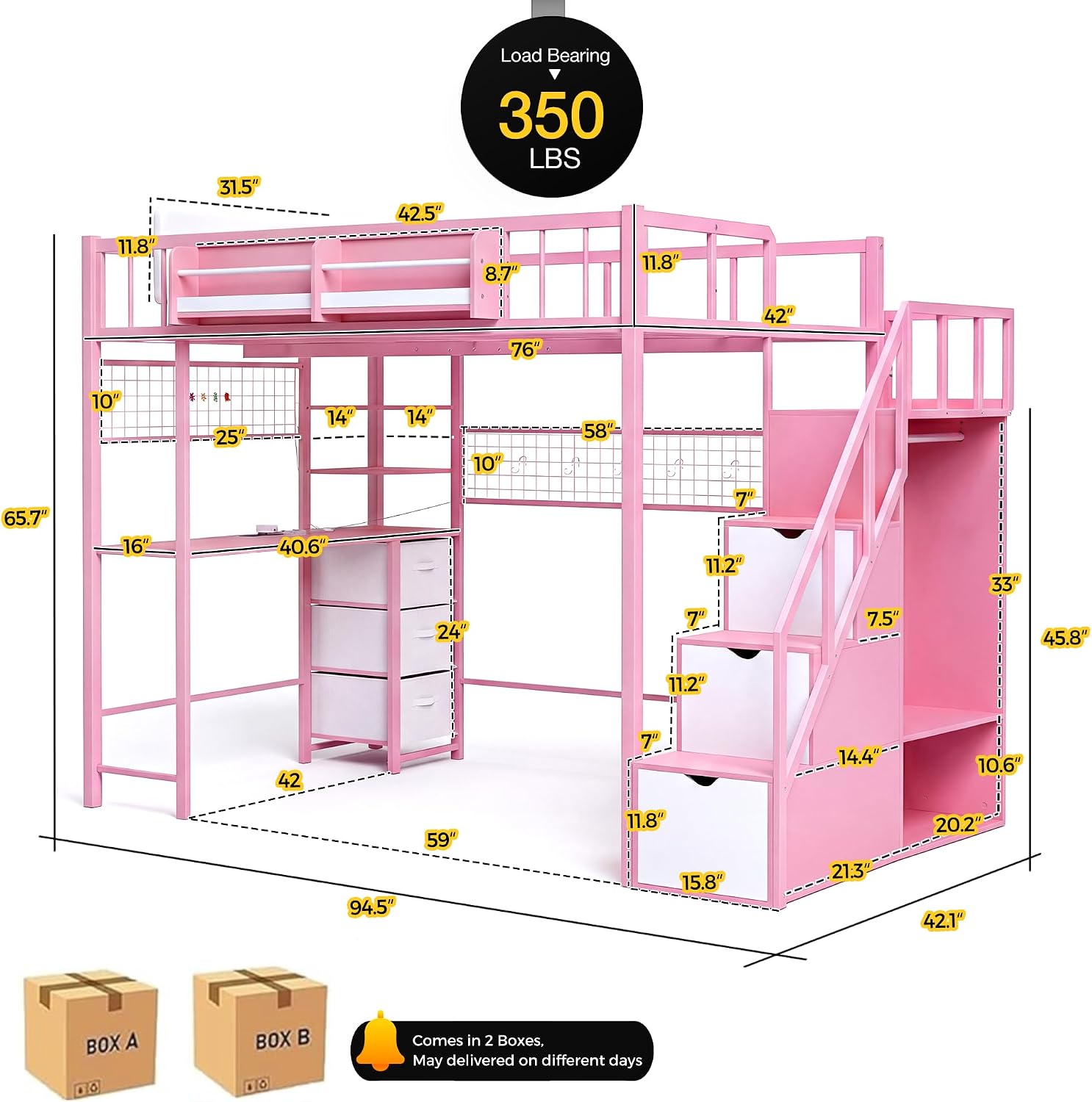 Kikihouse Twin Size Loft Bed with Desk and Stairs, Headboard, Wardrobe, Bedside Storage Shelf, 6 Drawers, Charging Station & LED Light, Metal Gaming Loft Bed Frame for Adult Space-Saving