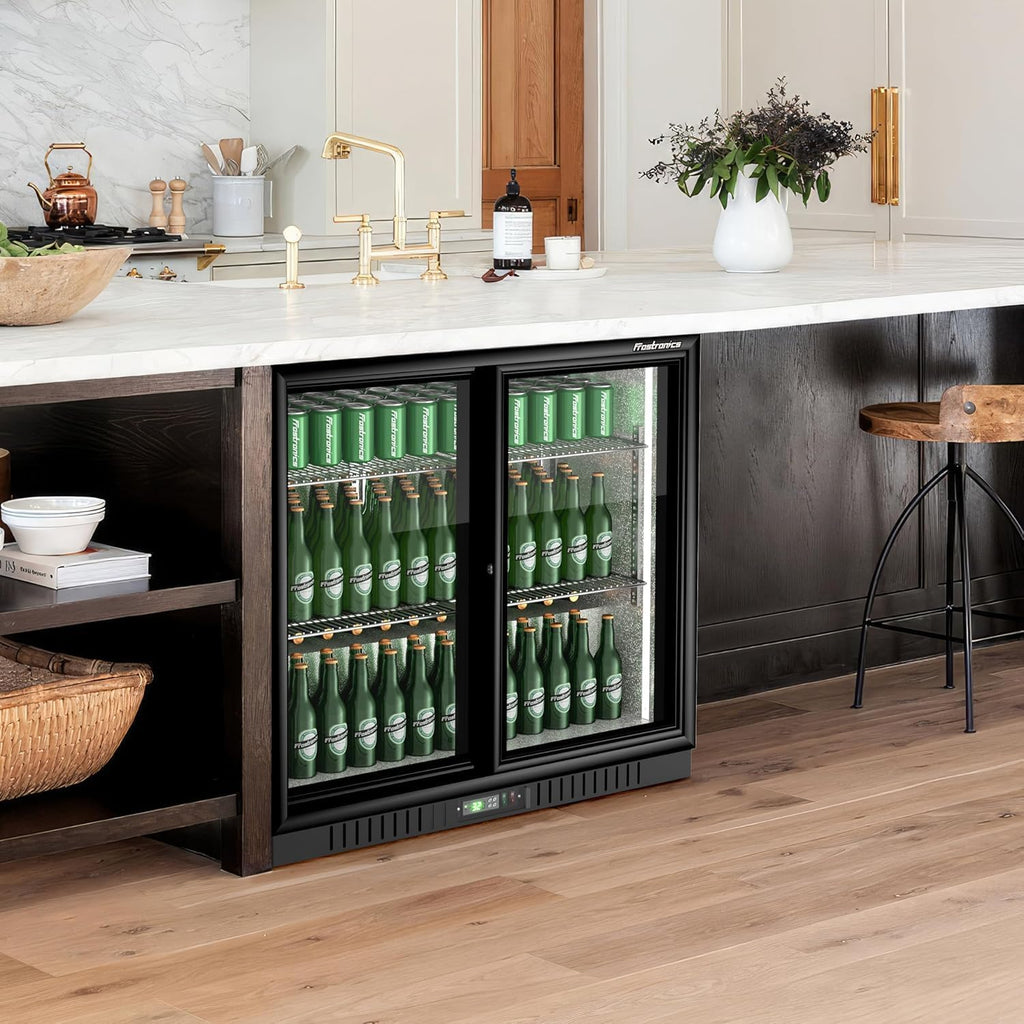 36 Inch 228 Cans Double Door Back Bar Beverage Cooler, 6.5 cu. ft. Under Counter Glass Bar Fridge With Sliding Door, Lockable, 32-50F Display Refrigerator, ETL & NSF7 Certified