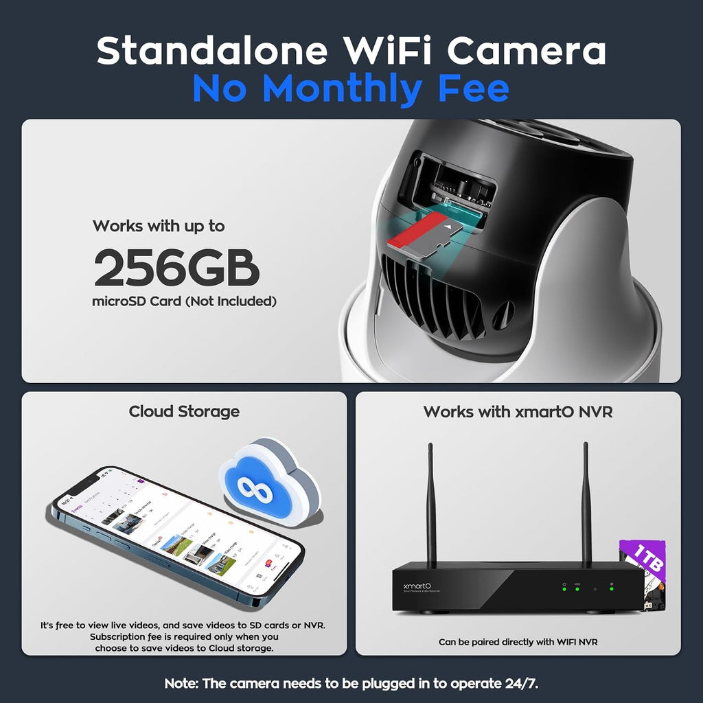 XMARTO 10X Zoom Mesh WiFi6 PTZ AI Tracking Security Camera System, 10-Cam 2K Dual Lens Bundle, 10CH 4K Expandable NVR 1TB HDD, Long Range WiFi, Plug-in 24/7 Wireless Indoor/Outdoor Surveillance