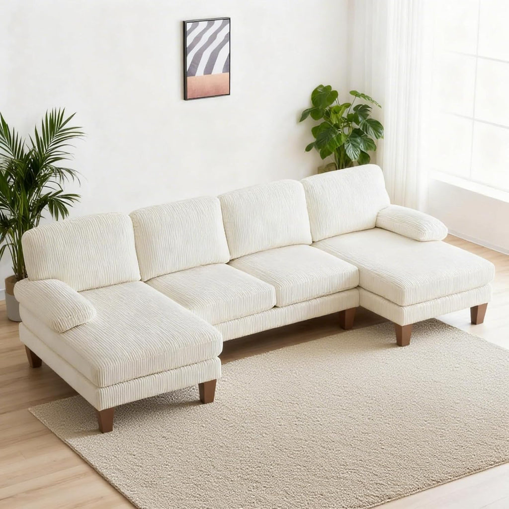 Karl home U-Shape Sectional Sofa Couch 111' Modern 4-Seat Sofa with Chaises Corduroy Fabric Upholstered Covertible Couch with Wood Grain Legs for Living Room, Reception Room, Apartment, Beige