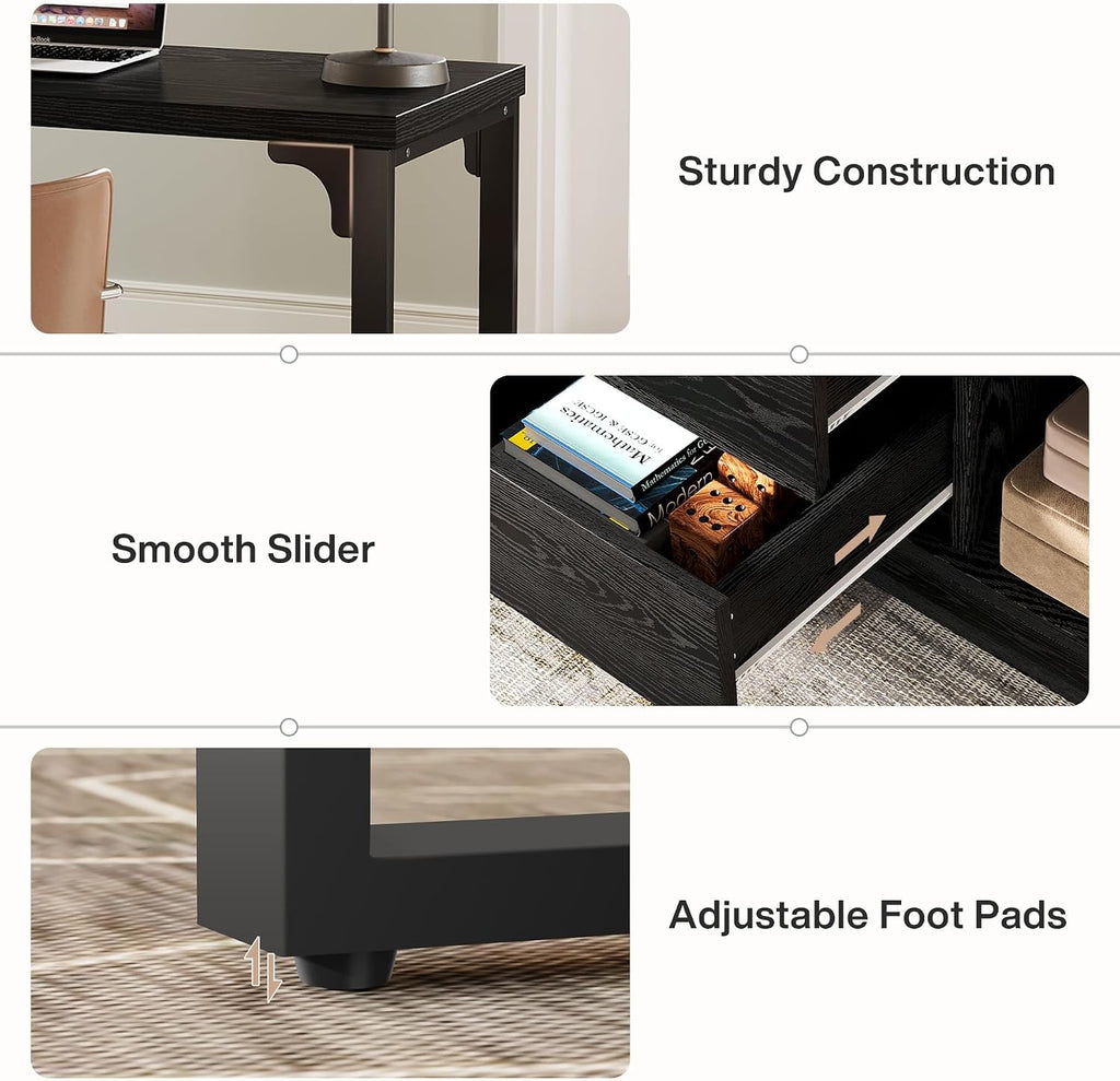 Tribesigns L-Shaped Computer Desk with Drawers and Shelves, Reversible Corner Office Desk with Storage Cabinet, Modern Study Writing Table for Home Office, Bedroom (Black)