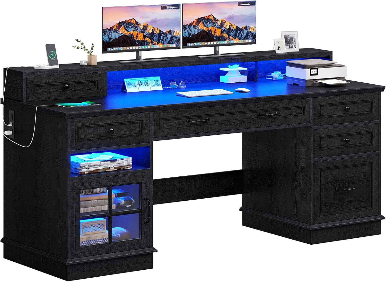BTHFST 59.1' Executive Desk with File Drawer, Home Office Desk with Charging Station & LED Lights, Computer Desk with Drawers & Storage Cabinet, Executive Office Desk with Monitor Stand, Black