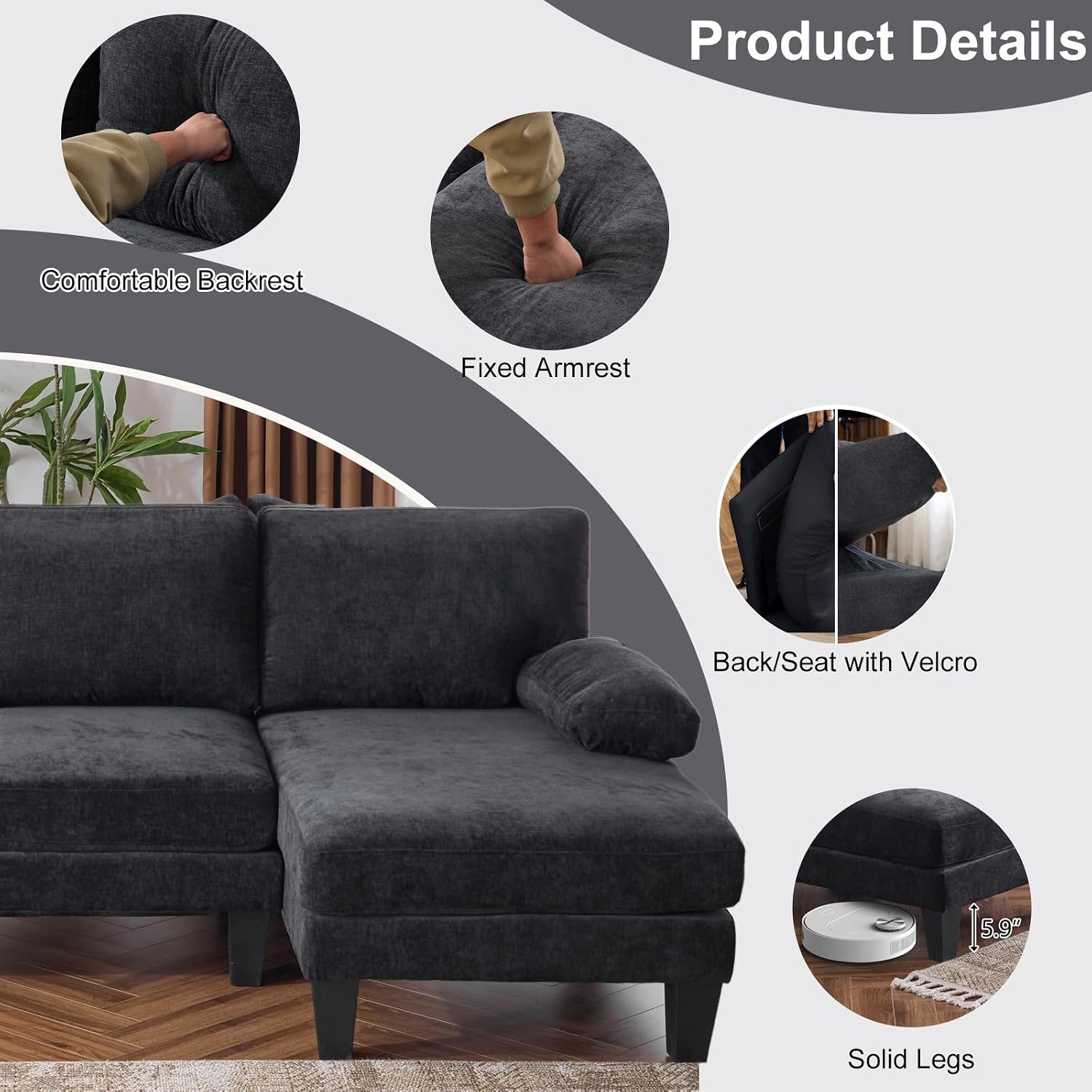 Karl home 111' Sectional Sofa U-Shaped 4-Seat Couch with Chaises Wood Grian Legs Chenille Fabric Upholstered for Living Room, Apartment, Office, Black