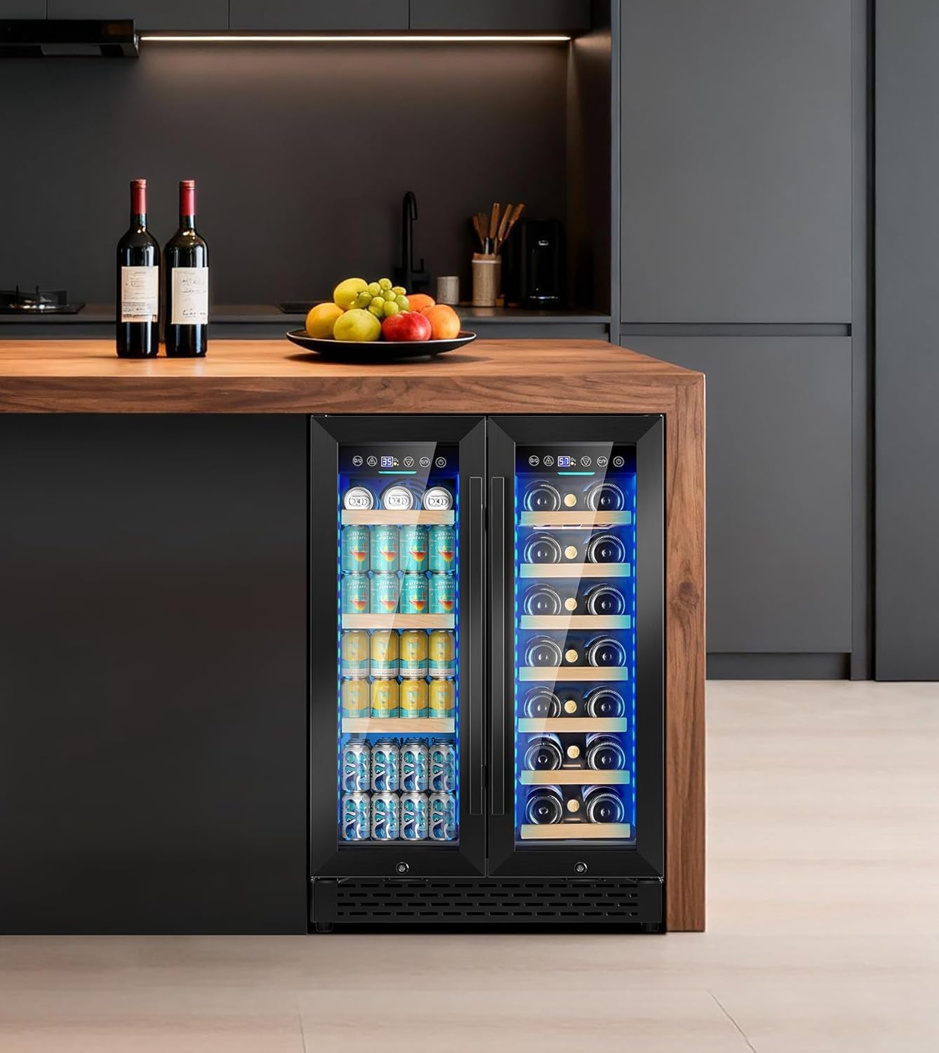 24'' Wine and Beverage Refrigerator, 4.2 Cu. Ft. Dual Zone Wine Fridge with RGB Lights French Door Intelligent Control Advanced Compressor Under Counter Cooler for Outdoor Kitchen Bar Gift Black