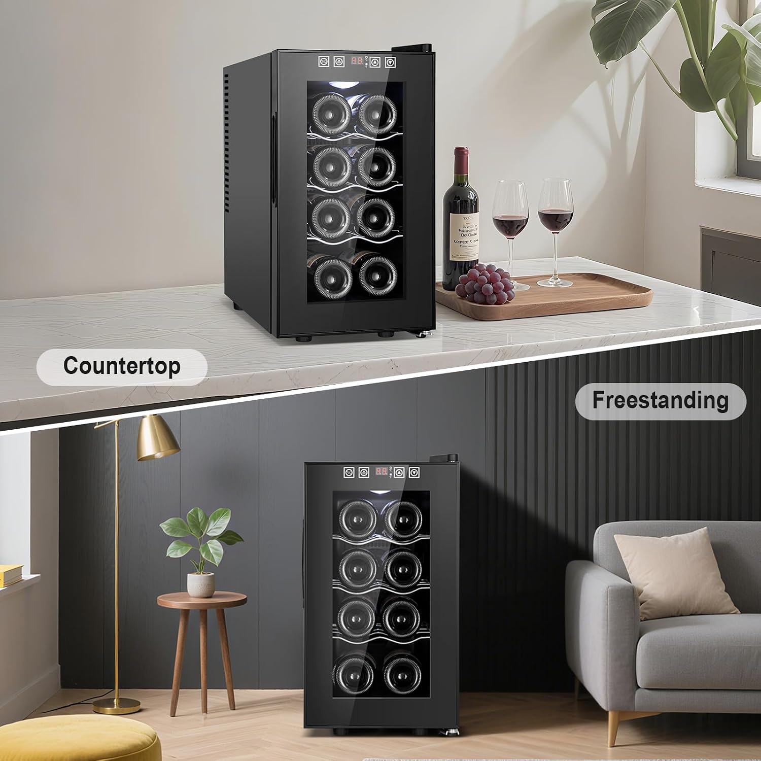 Tylza 8 Bottles Wine Fridge, Wine Cellar with Low-E Tempered Glass Door, LED Touchscreen, Lock, Frost Free, No Vibration, Wine Cooler Refrigerator for Red, White, Champagne or Sparkling Wine, Black