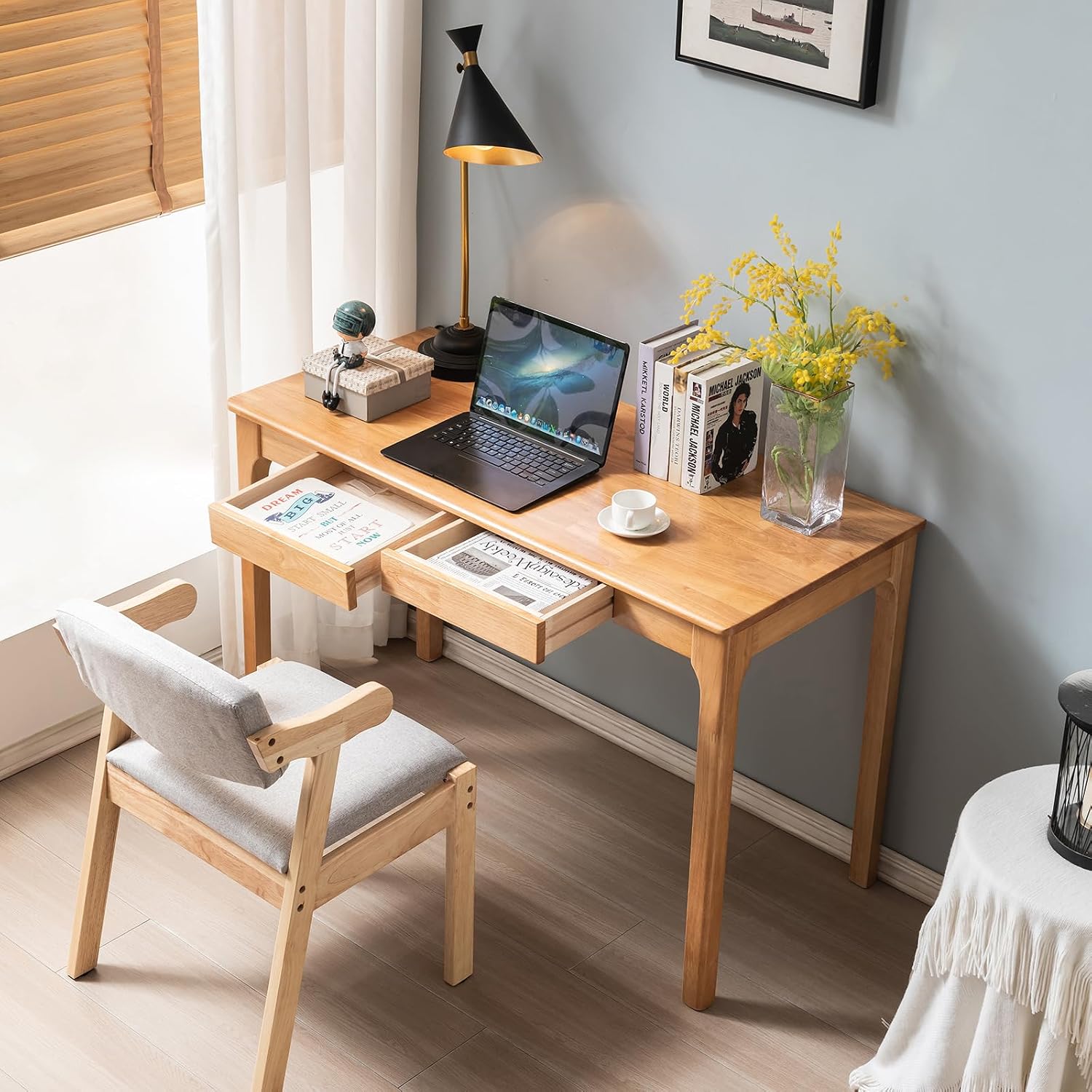 Solid Wood Desk, Gaming Study Home Office Desks for Work, Student PC Desk for Bedroom, Small Computer Desk for Small Spaces, Easy to Assemble (Wood Color, 39inch)