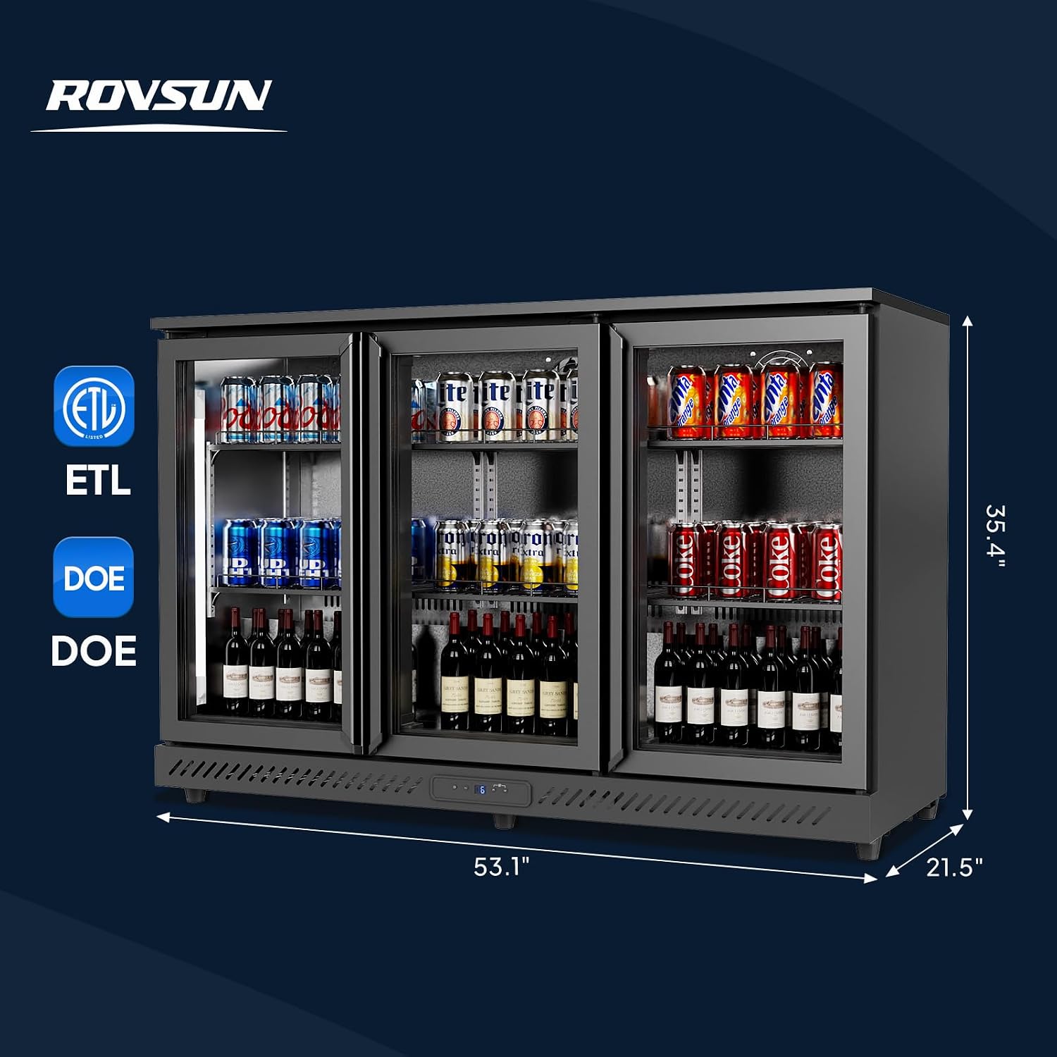 ROVSUN 11.4 Cu.Ft Commercial Back Bar Cooler ETL Certified, Bar Fridge Commercial Beverage Refrigerator w/ 3 Doors LED Digital Temperature Control, Drink Cooler for Restaurant Beer Wine Soda