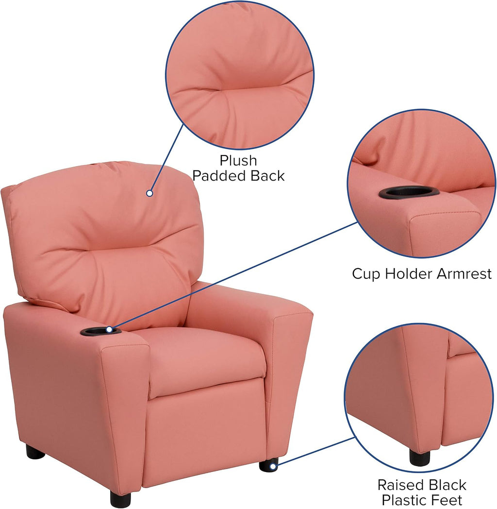 EMMA + OLIVER Pink Vinyl Kids Recliner with Cup Holder