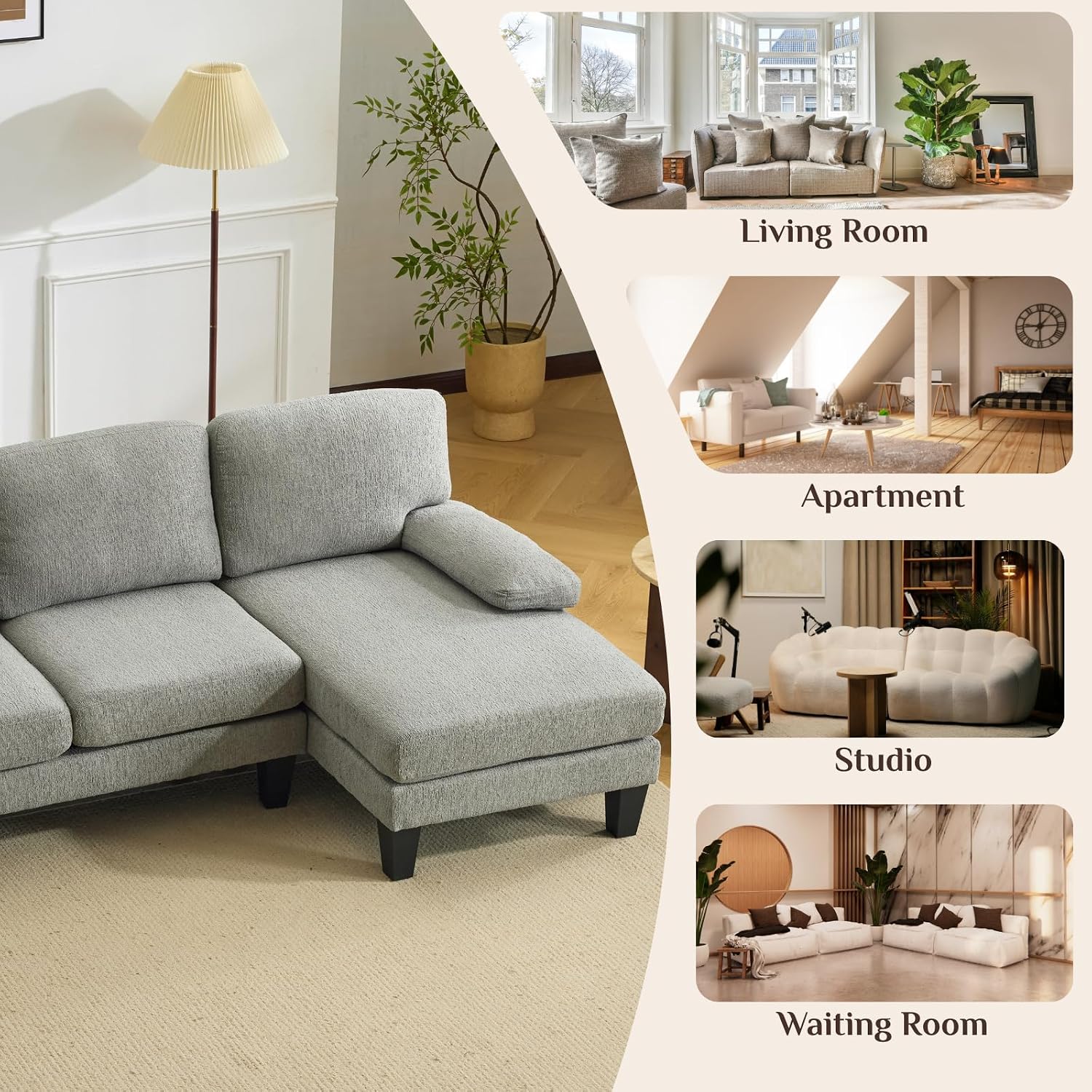 Karl home 110' U-Shape Sectional Couches for Living Room Chenille Upholstery 4 Seat Sofa Set with Double Chaises & Wood Grain Legs for Apartment, Dust Grey