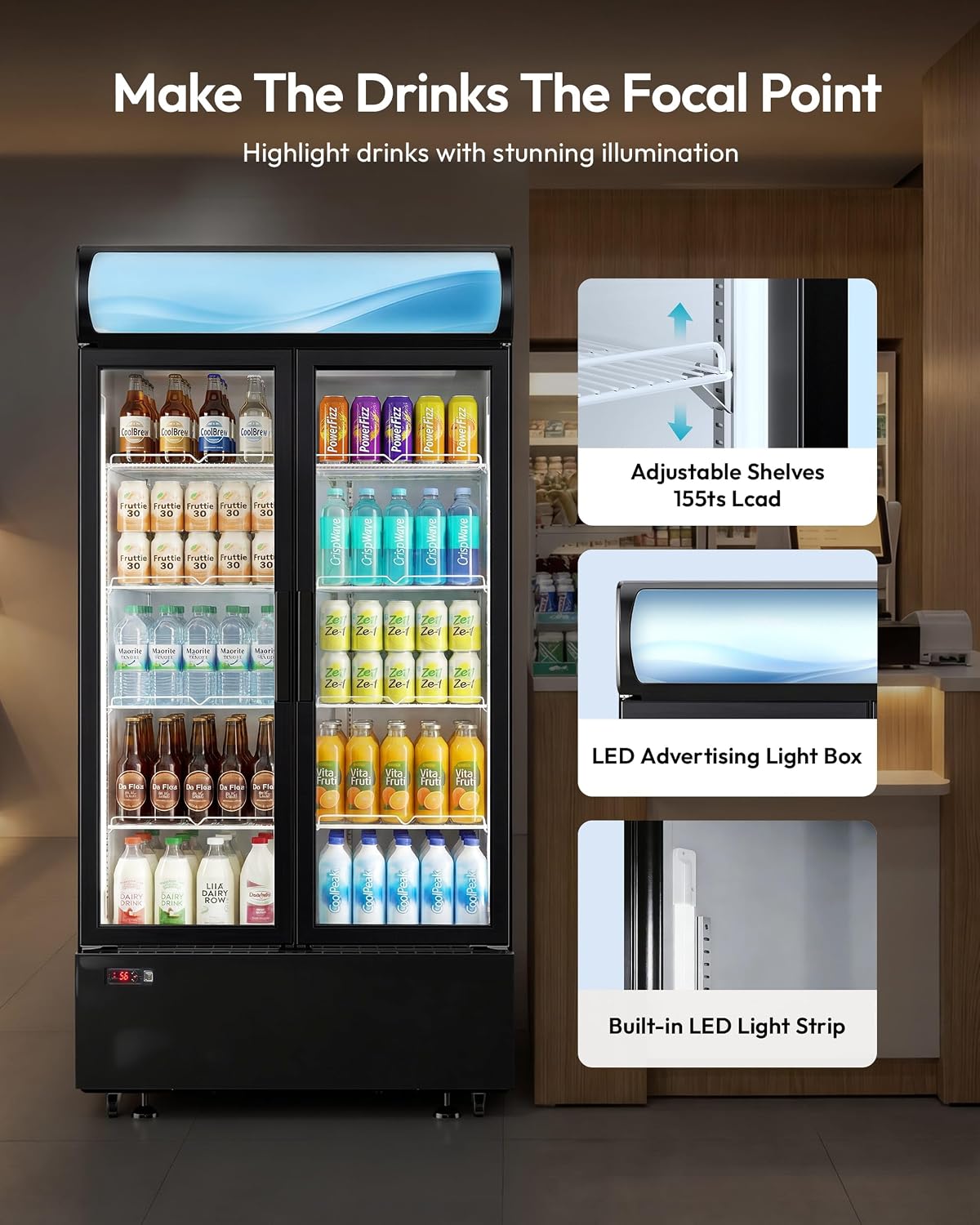 21 cu.ft Commercial Refrigerators, Beverage Fridge with LED Light, 2 Glass Door Drink Merchandiser with 8 Adjustable Shelves, 32-50°F Digital Control ETL Certified Black