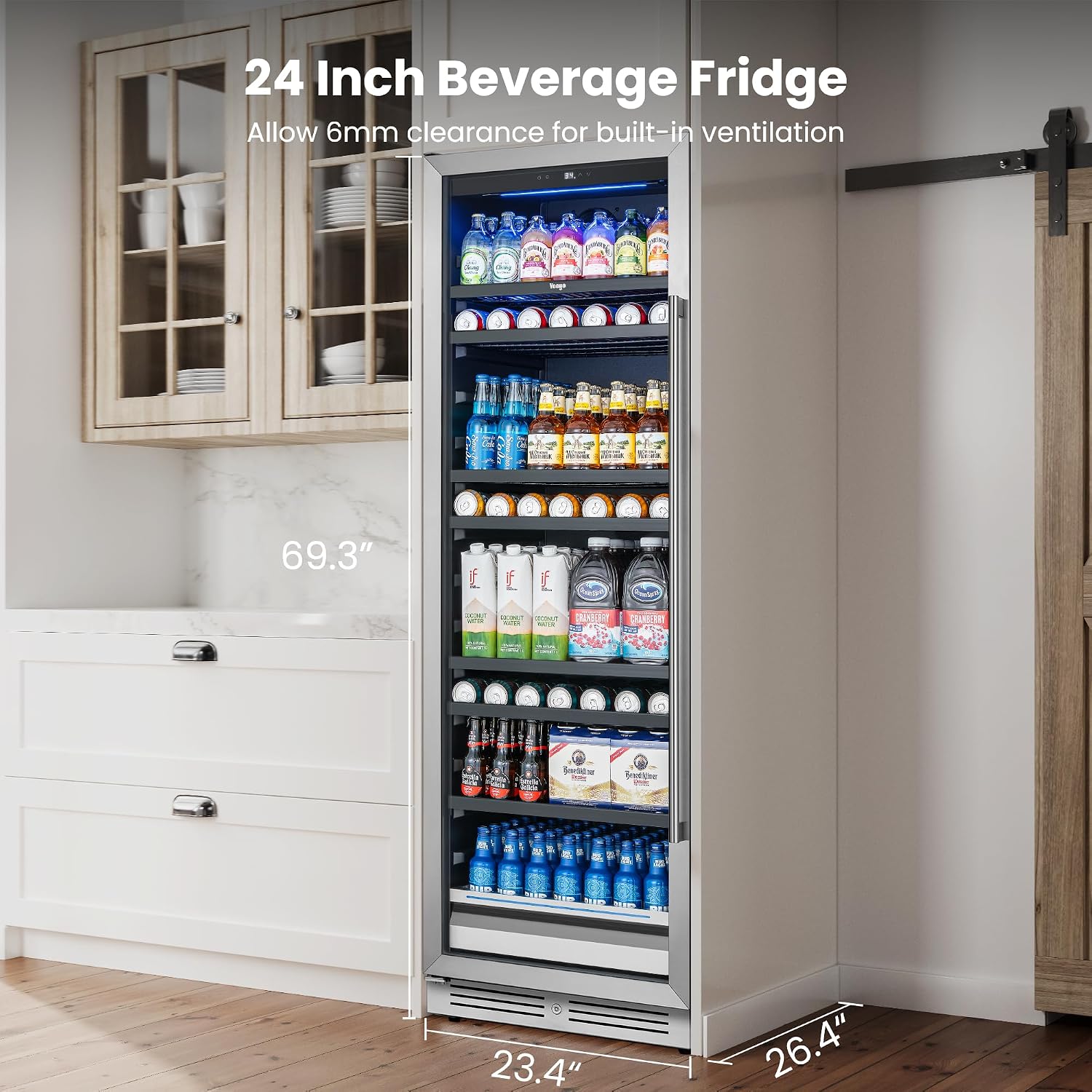 Beverage Refrigerator 24 inch -378 Cans Capacity Beverage Cooler, Upgraded Beverage Refrigerator Freestanding or Built-In, Drink Cooler for Soda, Water, Beer or Wine - For Kitchen, Bar or Office