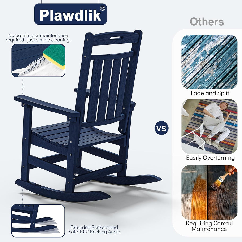 Plawdlik Oversized Outdoor Rocking Chair - All-Weather Resistant,HDPE Heavy Duty Patio Rockers with High Back - Perfect for Porch,Garden,Modern Style Set of 2-Navy Blue