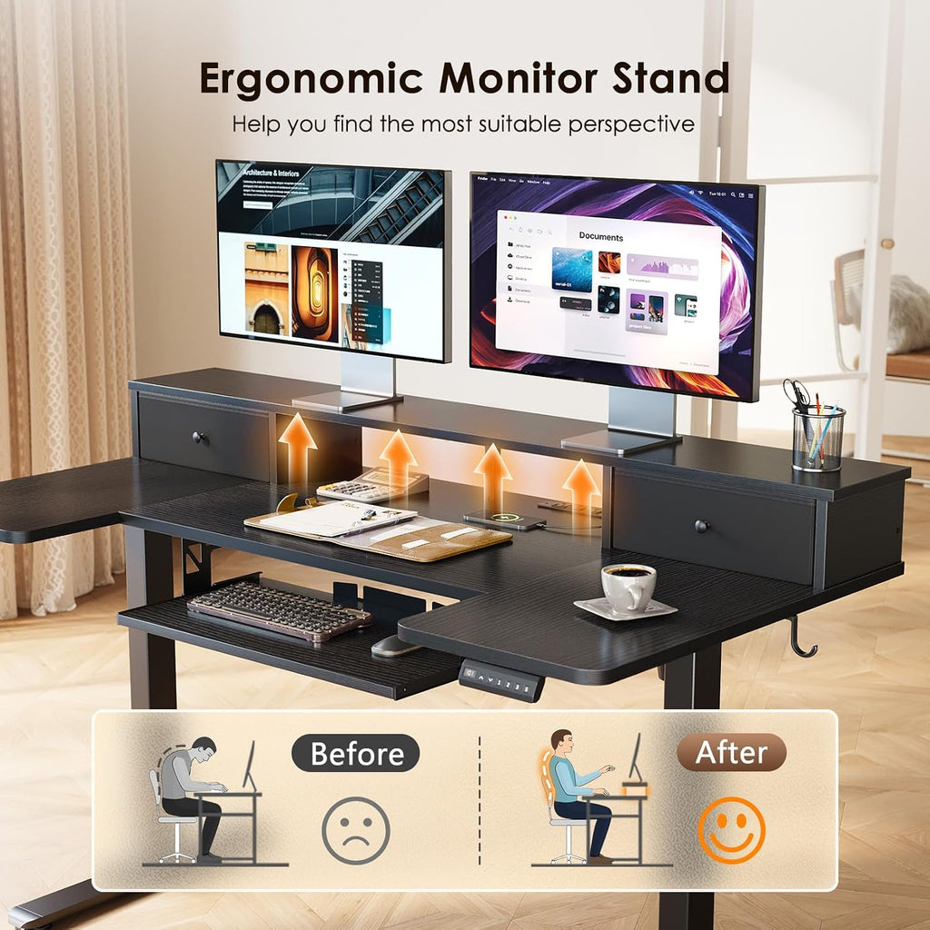 OffiGo U Shaped Electric Standing Desk with Drawers, 55 Inch Height Adjustable Desk with Keyboard Tray ＆ Ergonomic Monitor Stand, Sit Stand Table with Power Outlets for Home, Office, Black