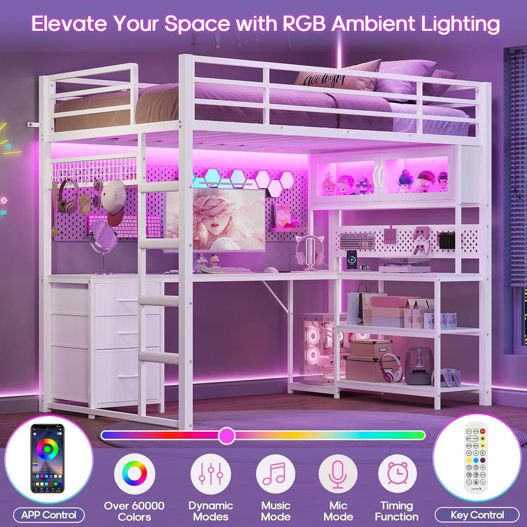 ADORNEVE Gaming Loft Bed Twin Size with L-Shaped Desk, Storage Drawers & RGB Arcylic Hutch, Expanded Safety Power Outlet, Metal LED Loft Bed Frame with Wide Ladder, for Teen Girls, White
