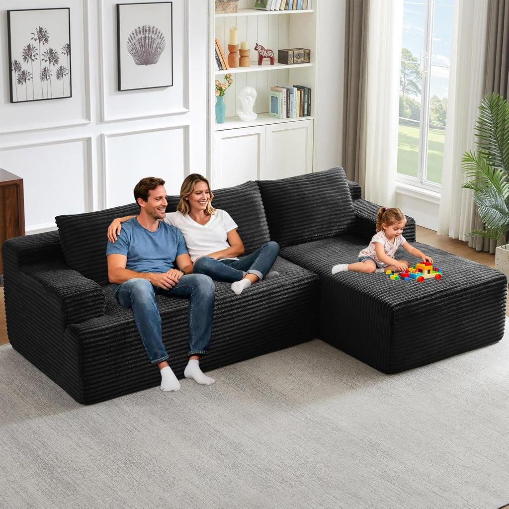 96' Modular Sectional Sofa Couches L-Shape Couch 3 Seat Modular Sofa Corduroy Memory Foam Sectional Boneless Couches for Living Room, Cloud Couch with Oversized Chaise(Black, Right Facing)