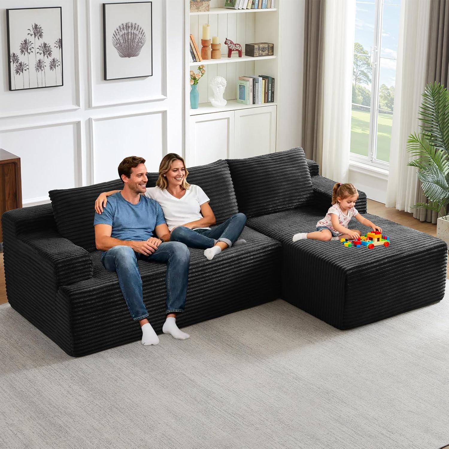 96' Modular Sectional Sofa Couches L-Shape Couch 3 Seat Modular Sofa Corduroy Memory Foam Sectional Boneless Couches for Living Room, Cloud Couch with Oversized Chaise(Black, Right Facing)