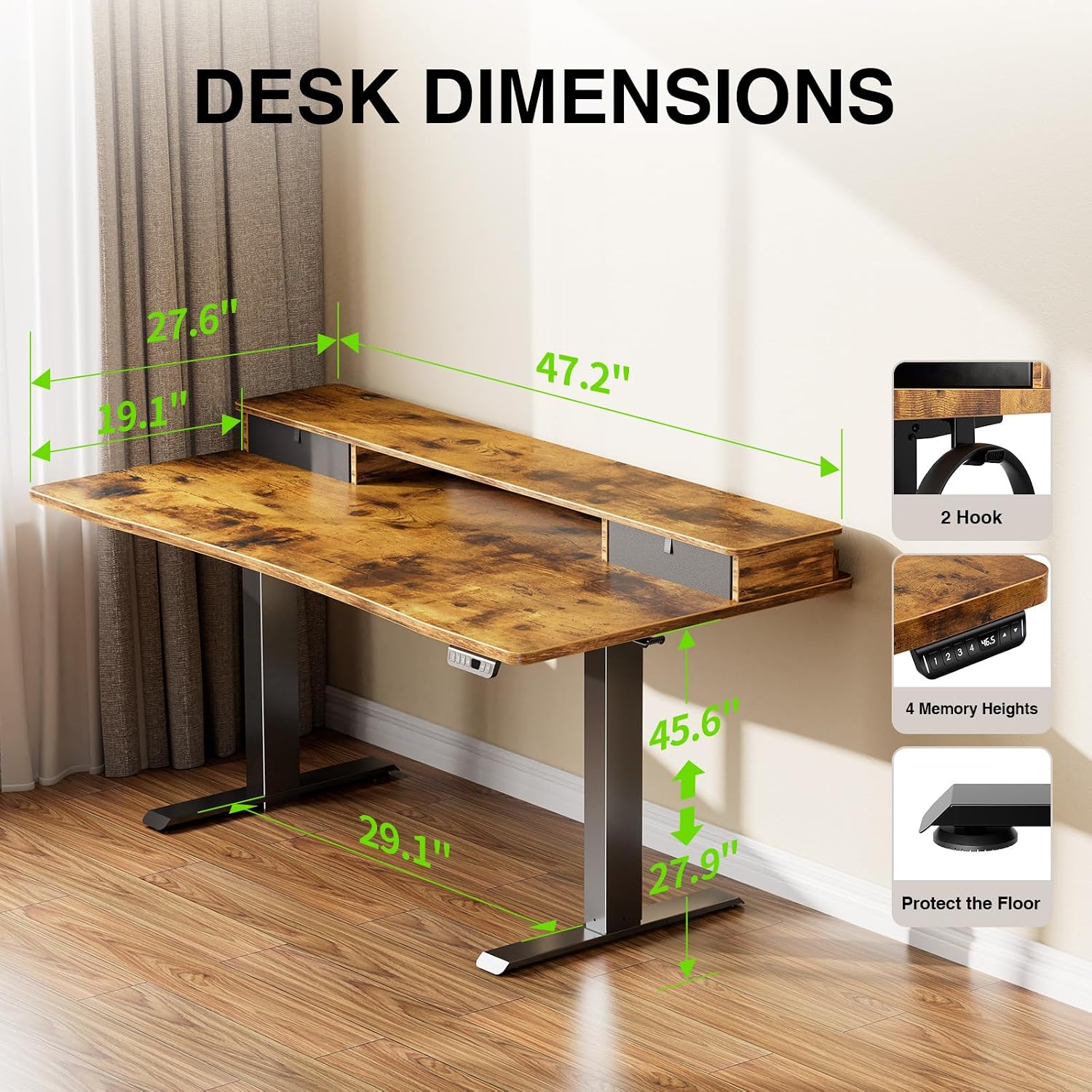 Veken 47.2'×27.6' Standing Desk with Storage Drawers, Adjustable Height Computer Table with Monitor Shelf, Home Office Desk for Study, Gaming, Workstation, Brown