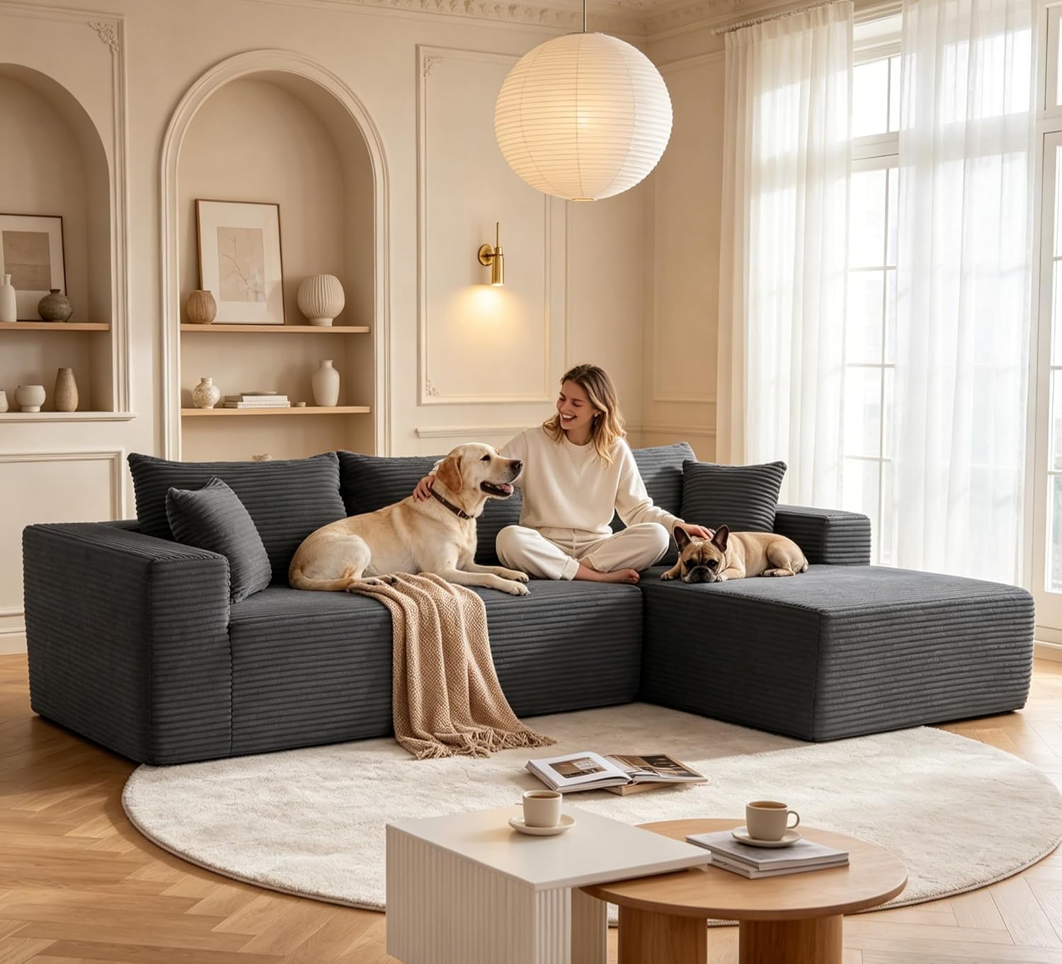 Mangodan 110' Cloud Sectional Couch, Boneless Sofa for Living Room, Modular Sectional Sofa with Deep Seat, Fluffy Couch with L-Shaped Chaise, No Assembly Required (Right-Facing Chaise, Dark Grey)