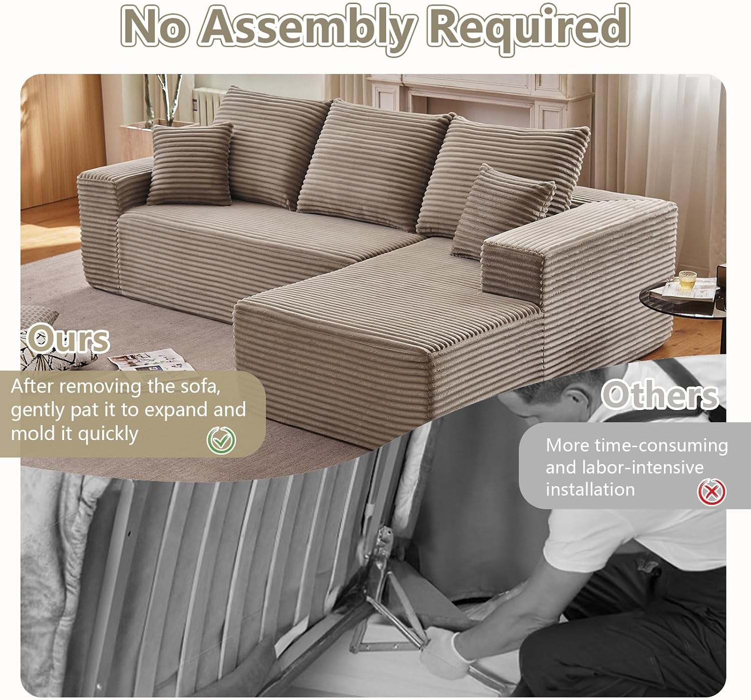107' Cloud Sectional Couch with L-Shape Chaise, Modern Modular Comfy Sofa Chaise Longue, Upholstered Corduroy Couches Sleeper with Deep Seat for Living Room Bedroom, No Assembly Required, Camel