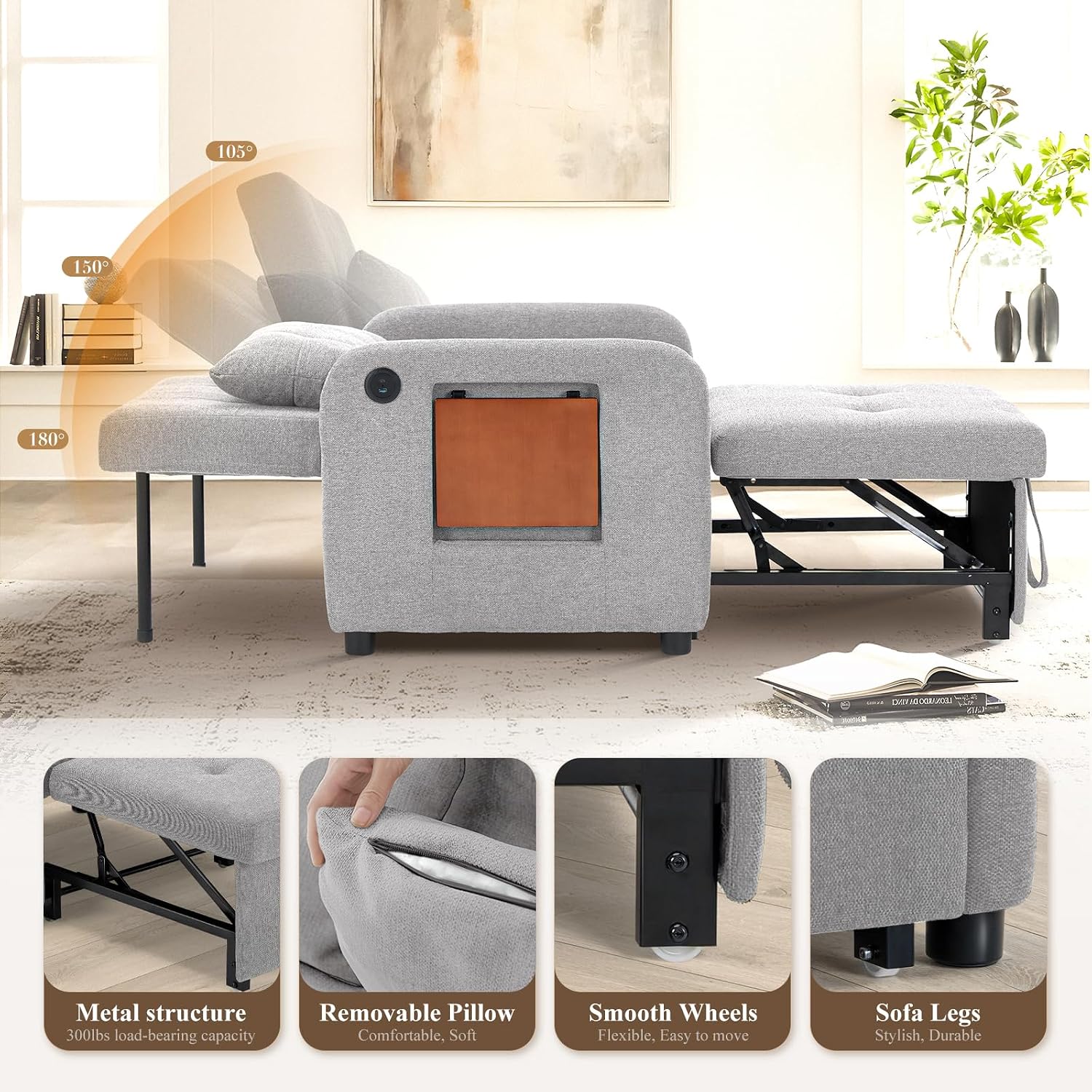 Convertible Sleeper Chair-Fabric Futon Sofa Bed, Single Sleeper Sofa, Small Couch Bed with USB Port, Foldable Table, Pillow, Adjustable Backrest for Dorm/Bedroom/College Lightgrey