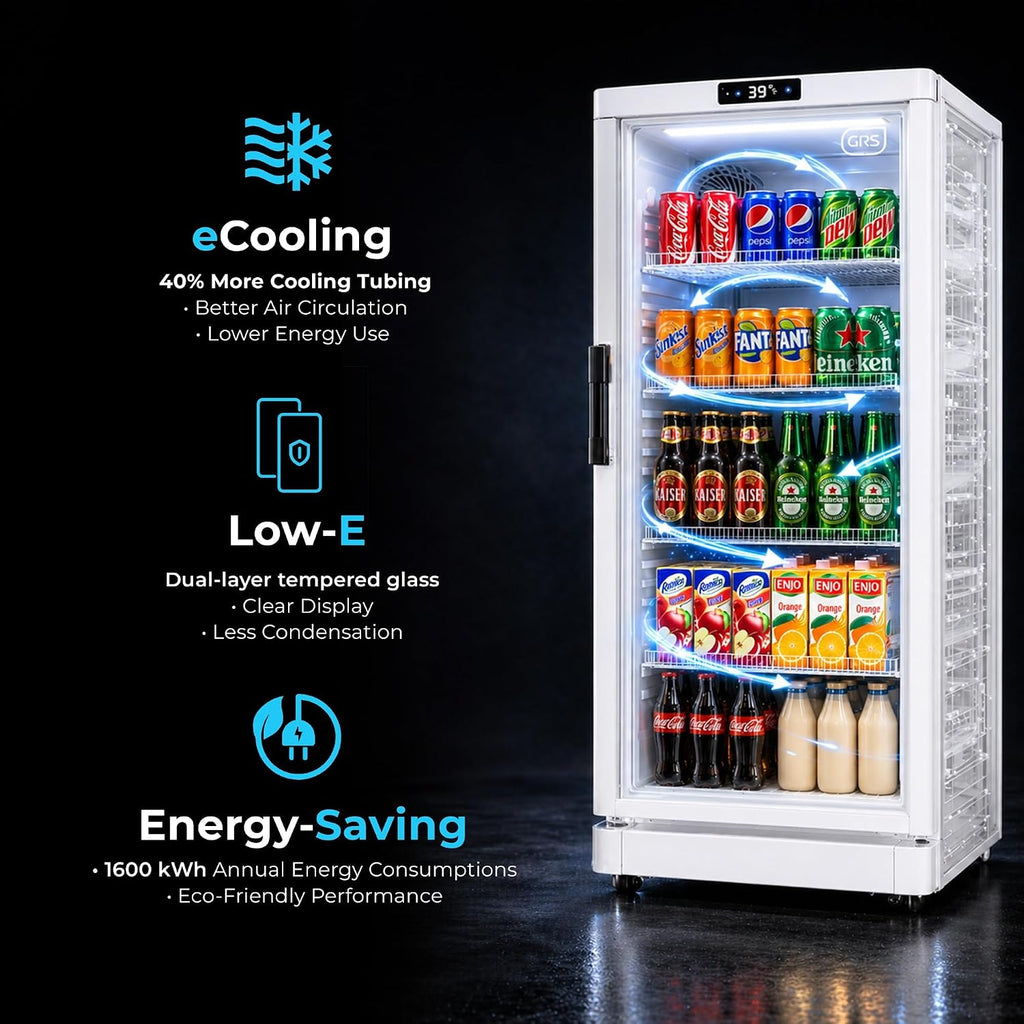 GRS Commercial Display Refrigerator with Glass Door Lock | Cool Air Flow & Temperature | Beverage Cooler, Drink and Wine Fridge with Adjustable Display Shelf for Stores and Bars | Silver, 6.0 Cu. Ft