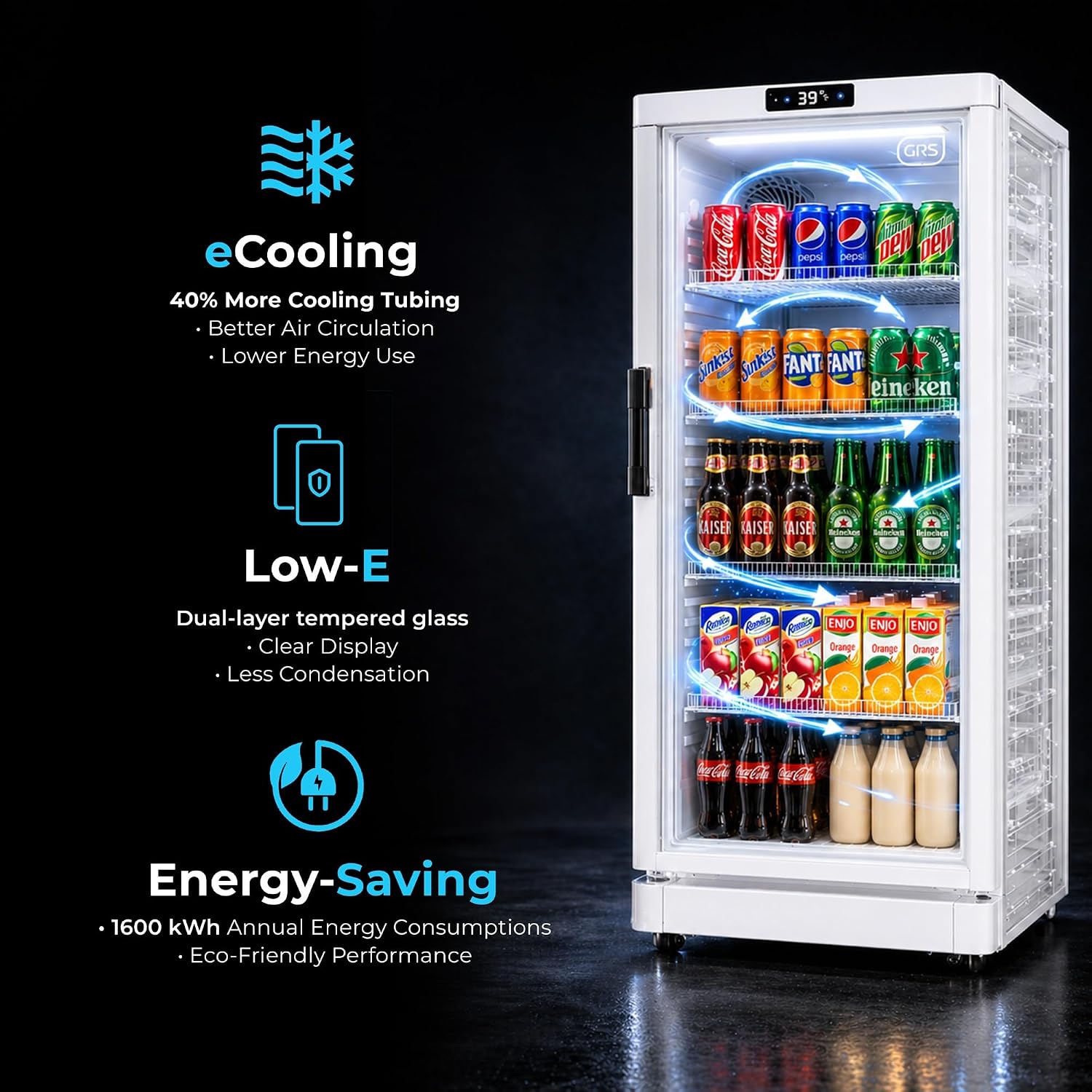 GRS Commercial Display Refrigerator with Glass Door Lock | Cool Air Flow & Temperature | Beverage Cooler, Drink and Wine Fridge with Adjustable Display Shelf for Stores and Bars | Silver, 6.0 Cu. Ft
