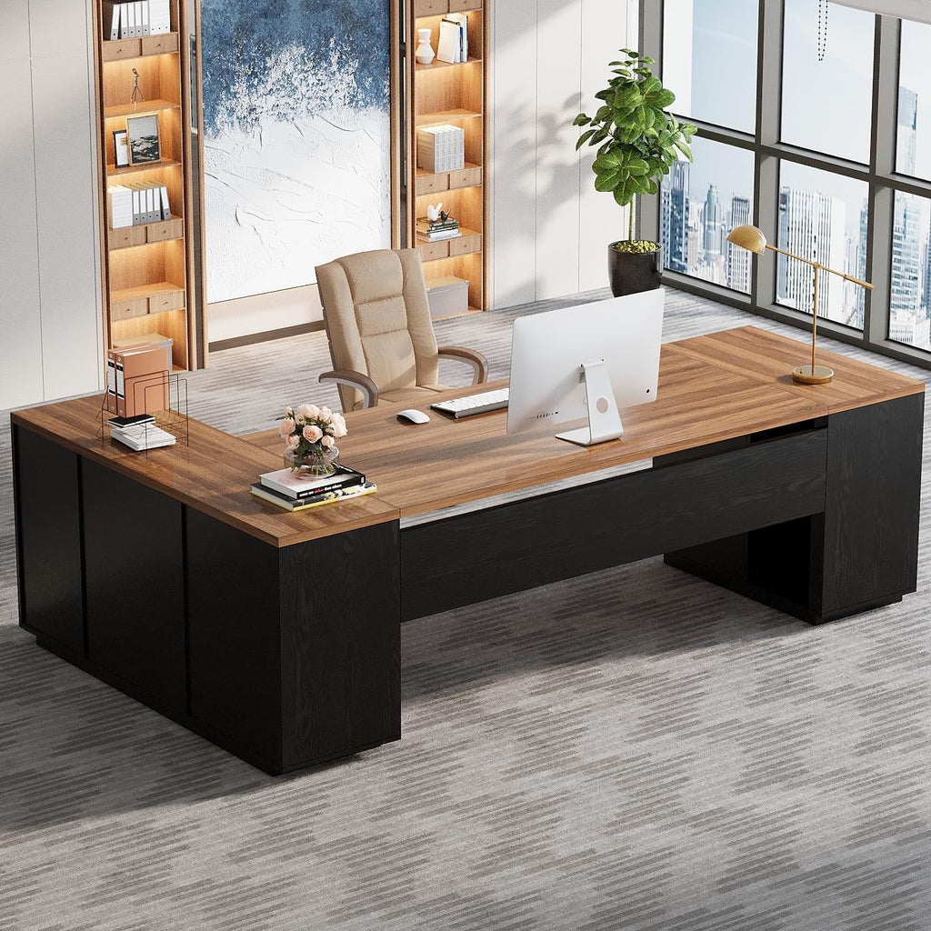 Tribesigns 85.8-Inch L-Shaped Executive Desk with File Drawers, Door Cabinet & Shelves, Extra Large Commercial Office Desk, Modern Professional Office Table, Business Furniture, Warm Brown & Black