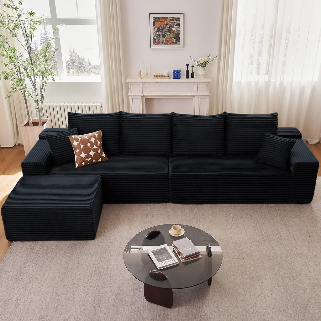 140' L Shaped Cloud Sectional Couch for Living Room, Modular Floor Deep-Seat Sofa, Big Comfy Corduroy Couches Set with Fluffy Memory Foam for Living Room Bedroom, No Assembly Required, Black