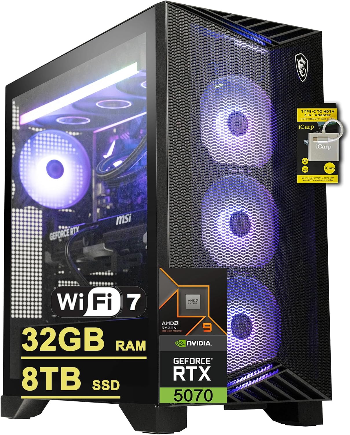 msi Aegis ZS2 Gaming Desktop AMD 12-core Zen 5 Ryzen 9 9900X (>i9-14900HX) 32GB RAM 8TB SSD GeForce RTX 5070 DLSS 4 (Up to 988 AI Tops) 360mm Liquid Cooler 750W 80+ Gold PSU Support HDD Win11