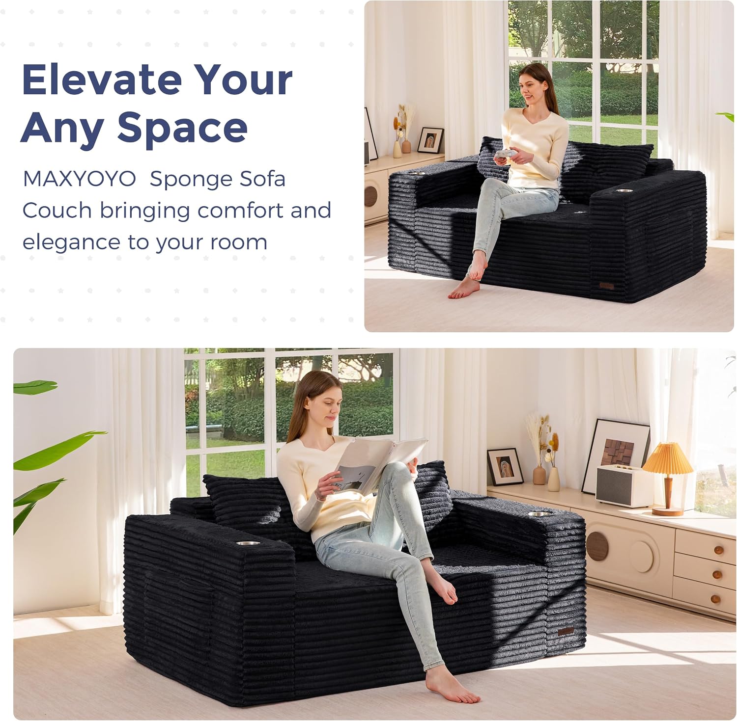 MAXYOYO 63' Boneless Loveseat Sofa Couch for Small Spaces, Mini Love Seat Floor Couch with Cup Holders and Pillows, 2-Seater Upholstered Cloud Couch for Bedroom Apartment, No Assembly Required