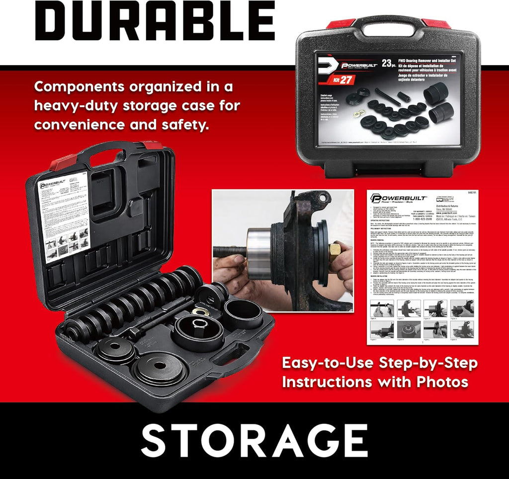 Powerbuilt Front Wheel Drive Bearing Removal and Installation Tool Set, Domestic and Import, 23 Piece Kit with Adapters - 648741