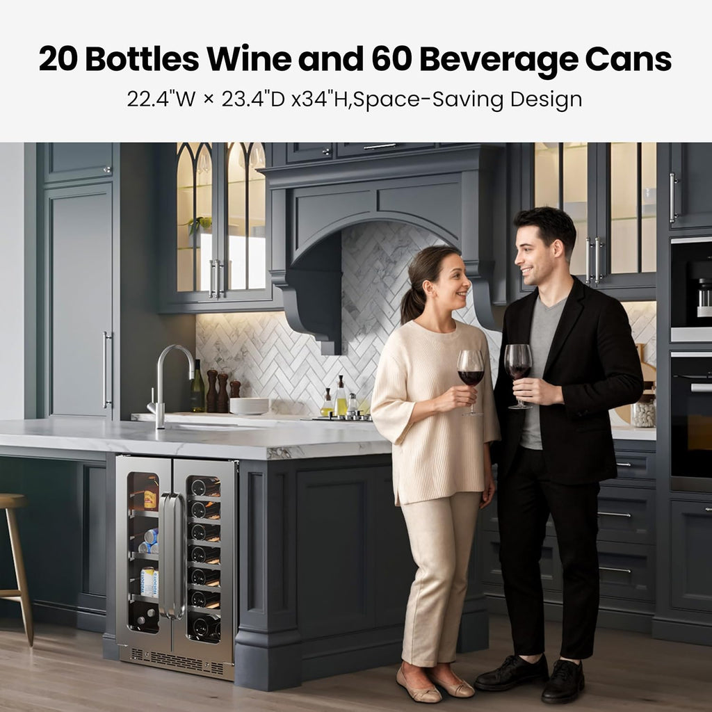 24 Inch Wine and Beverage Refrigerator 20 Bottles & 60 Cans Wine Fridge Dual Zone 36-72 ℉, 3 LED Beverage Cooler Built-in or Freestanding with Glass Door for Home Bar Office(4.10 cu.ft)