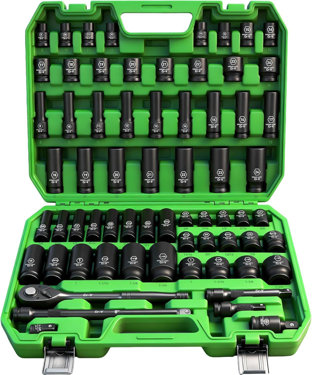 SWANLAKE 1/2' Drive Impact Socket Set, 66-Piece Standard SAE (3/8'-1-1/4') and Metric (8-24mm) Size, 6 Point, Cr-V, 1/2-Inch Drive Ratchet Handle, Extension Bar, Impact Universal Joint