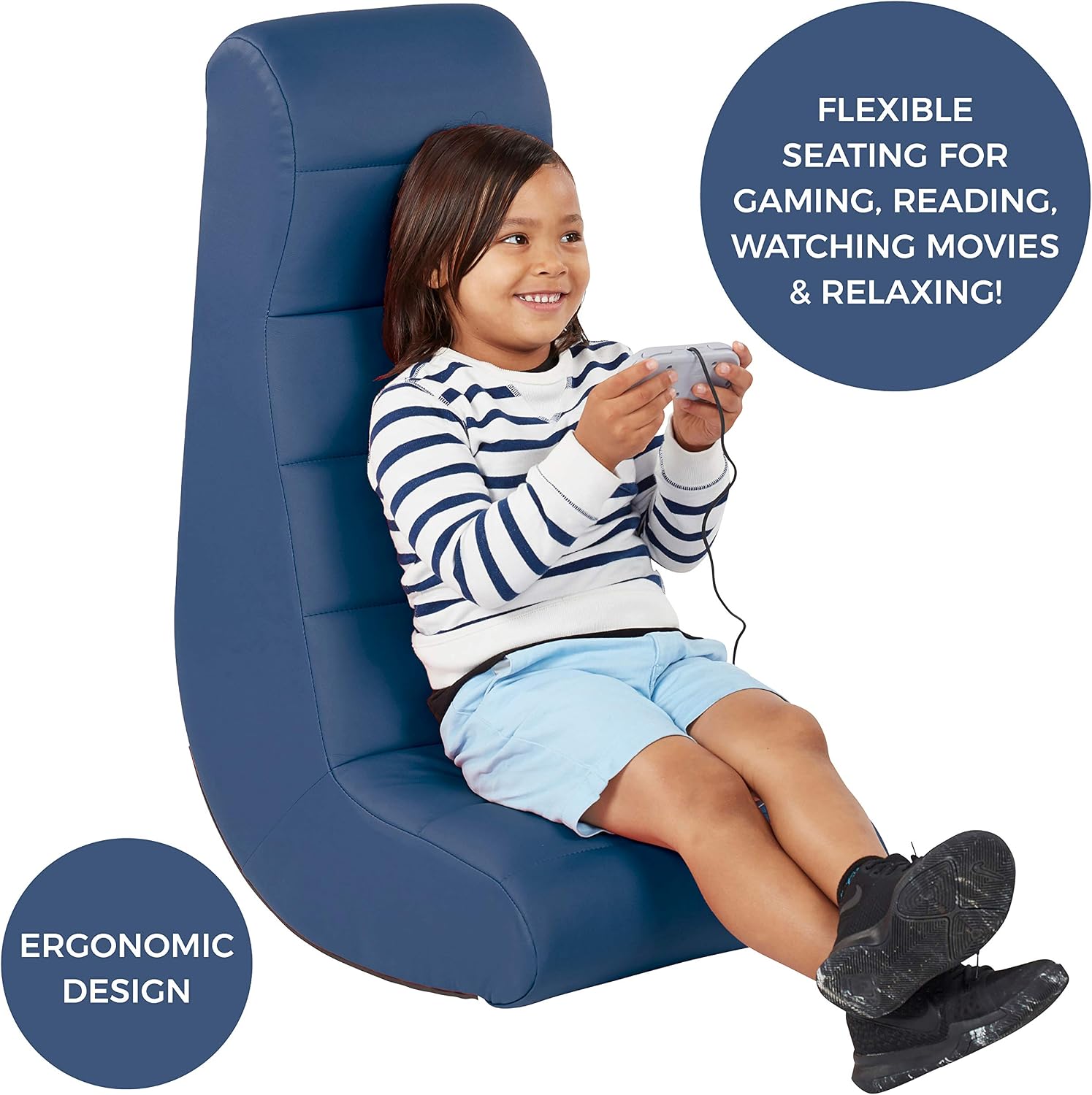 Factory Direct Partners Soft Ergonomic Horizontal Soft Floor Video Rocker - Cushioned Ground Chair Great for Reading, Gaming or Watching TV for Kids, Teens and Adults - Navy, 10489-NV