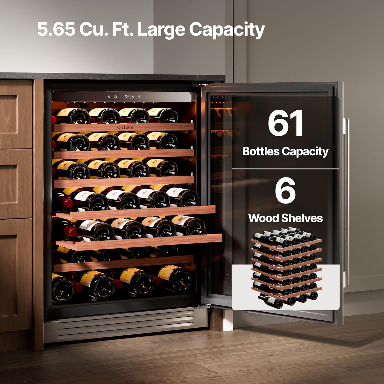 Ca'Lefort 24 Inch Wine Fridge, 61 Bottles 40-65°F Wine Cooler, Adjustable Shelves & 3 LED Light, Wine Refrigerator with Glass Door, Built-in Under Counter Freestanding for Home/Kitchen/Bar